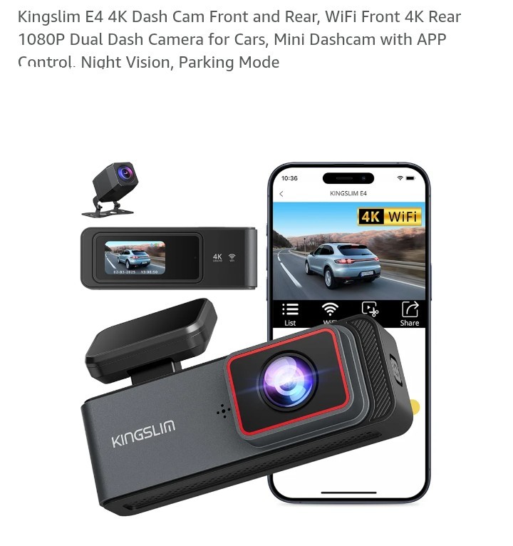 E4 4K Dash Cam Front and Rear, WiFi Front 4K Rear 1080P Dual Dash Camera for
