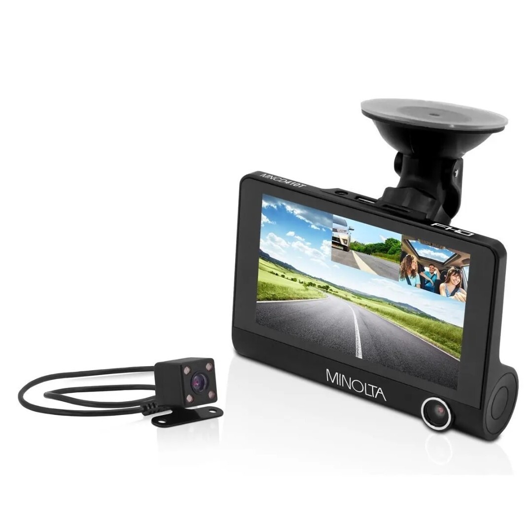 Minolta MNCD410T FHD Front Rear View Dash Camera with 3-Ch Recording, Black