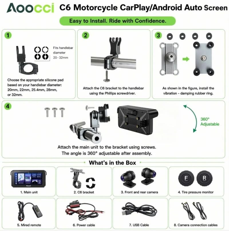 Aoocci C6 PRO Motorcycle Dash Cam Front and Rear, Motorcycle CarPlay, 1080P D…