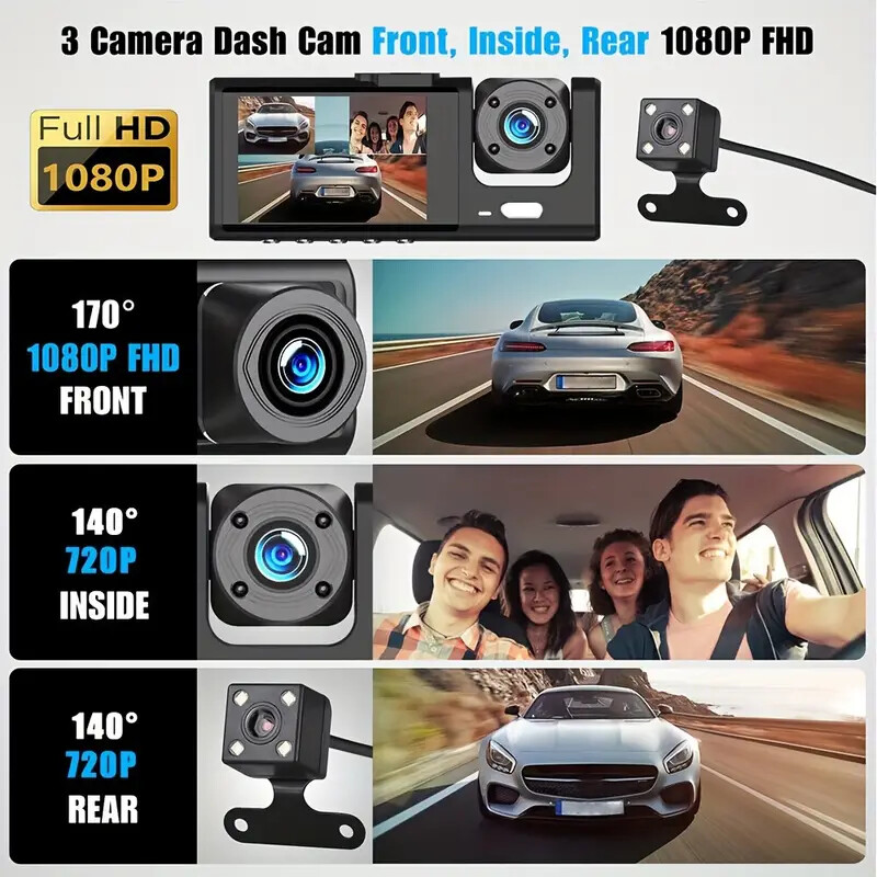 Dash Cam Car HD 1080P Front/Rear/Inside 3Lens 32G Video Recorder Camera G-Sensor
