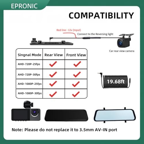 4 Pin Backup Camera for Mirror Dash Cam AHD1080P, 4 Pin to 2.5mm Jack Vehicle