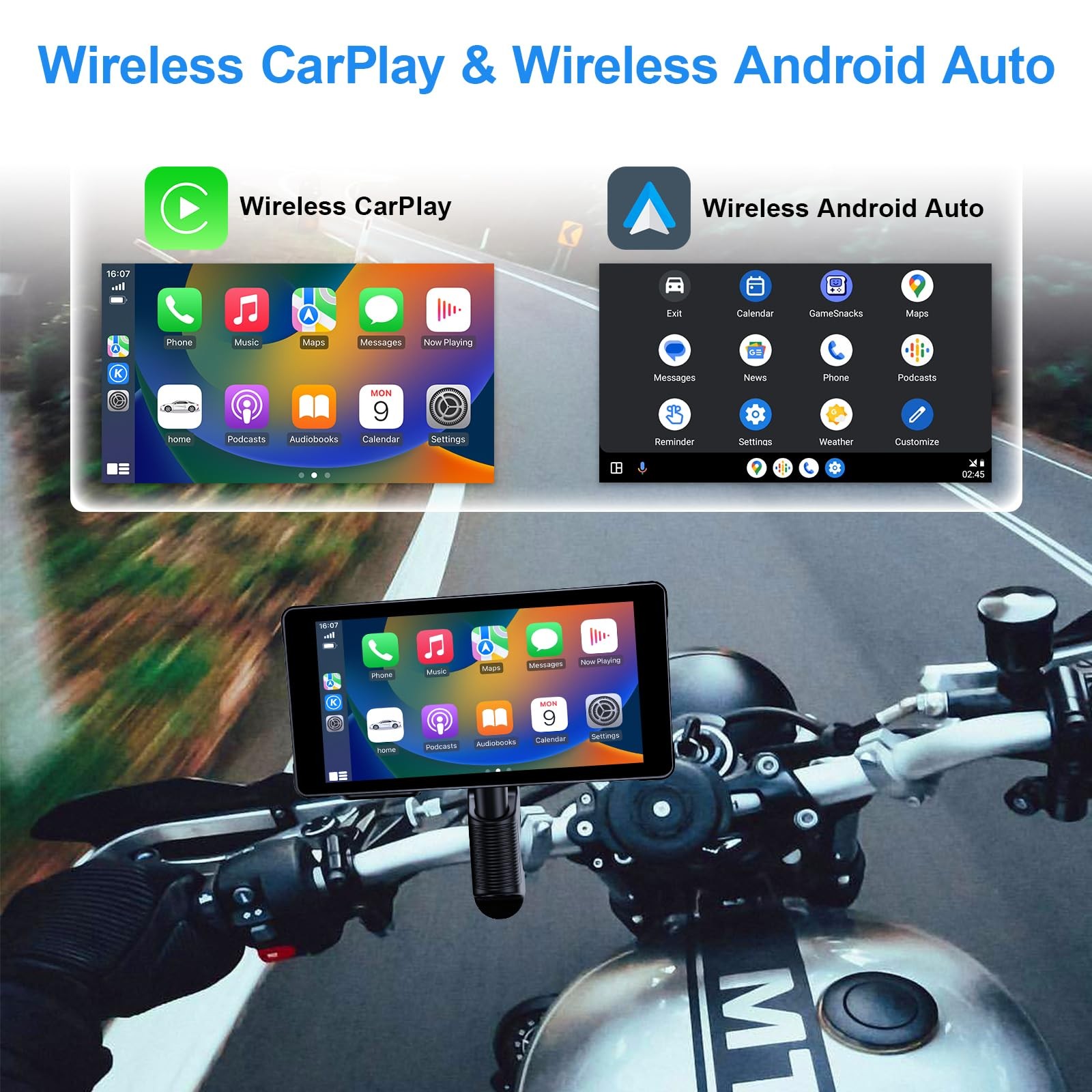 7″Motorcycle Head Unit IP67 Waterproof 1080P Lens w/Carplay Android/Touch Screen
