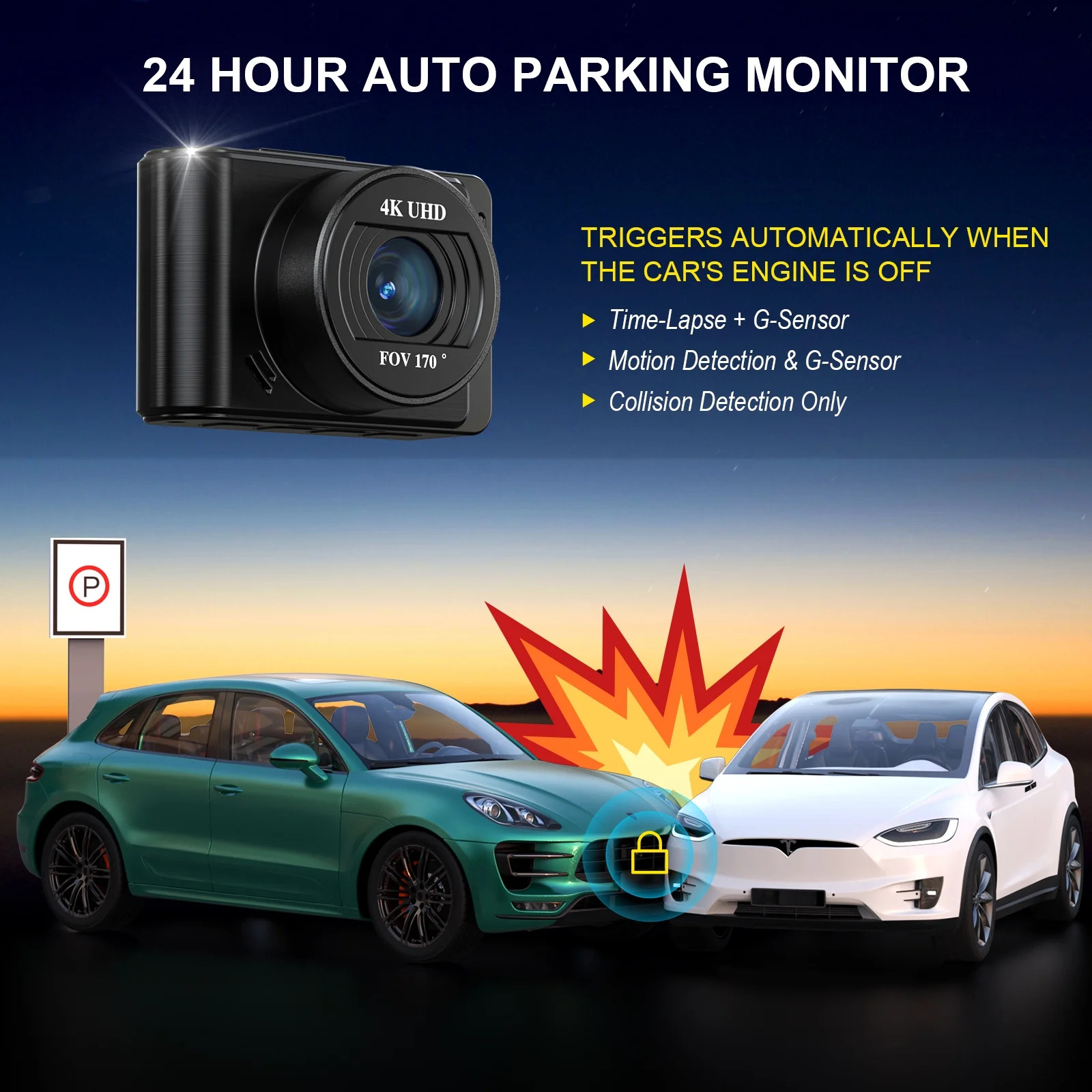 AUOSHI 4K+1080P Dual Dash Cam WiFi IPS Screen Night Vision 24H Parking 32GB Card
