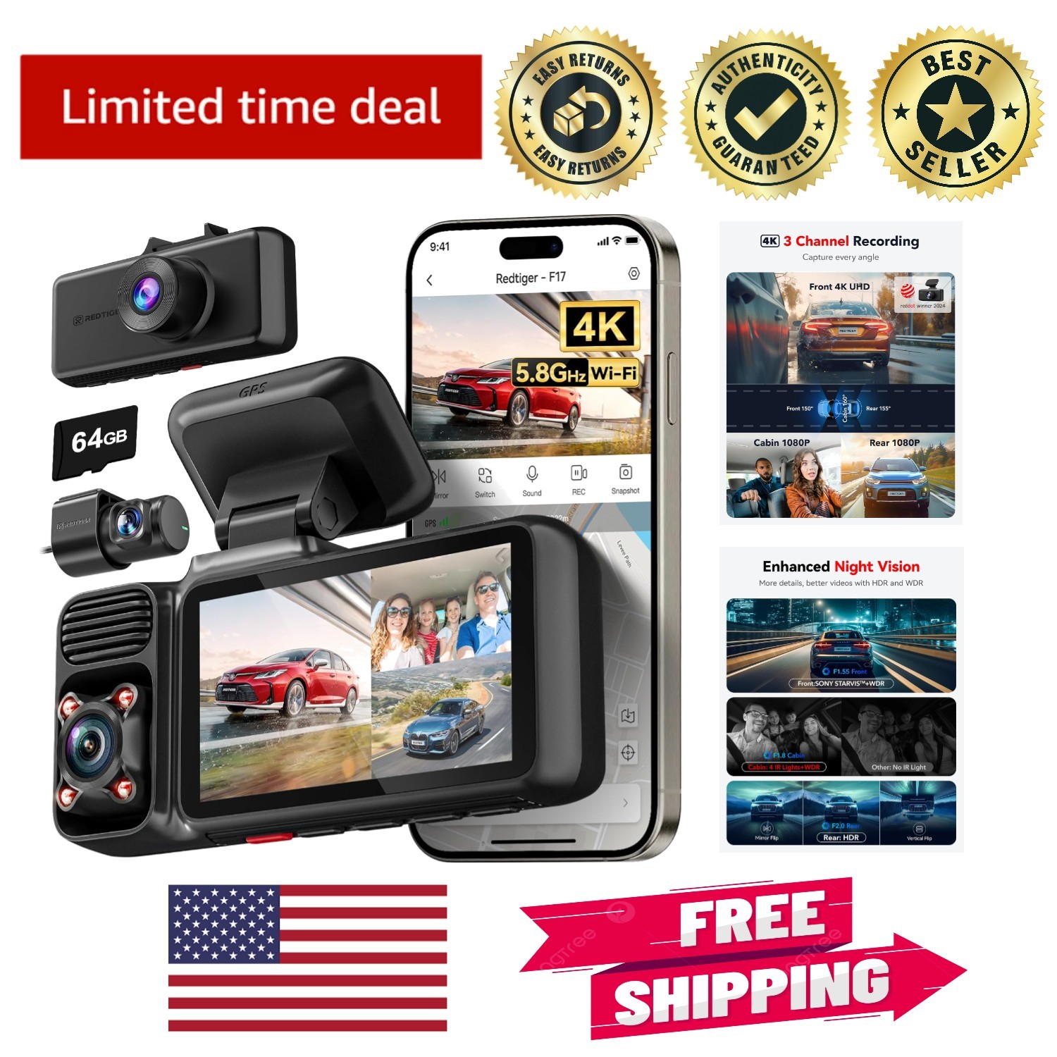Advanced 4K 3 Channel Dash Camera with WiFi & Supercapacitor – Max Protection
