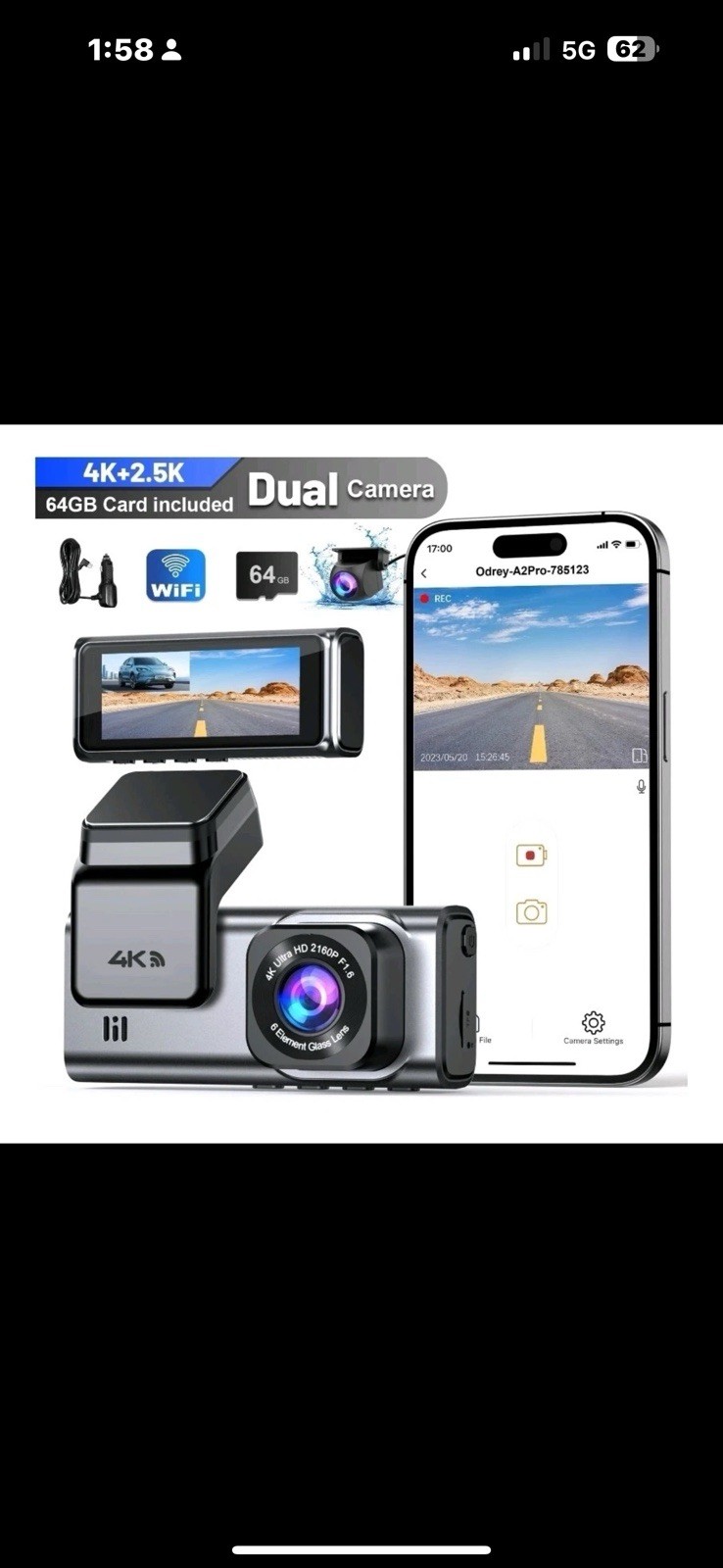 ODREY Dash Cam Front and Rear, 4K+2.5K 5G WiFi & WDR Dash Camera for Car