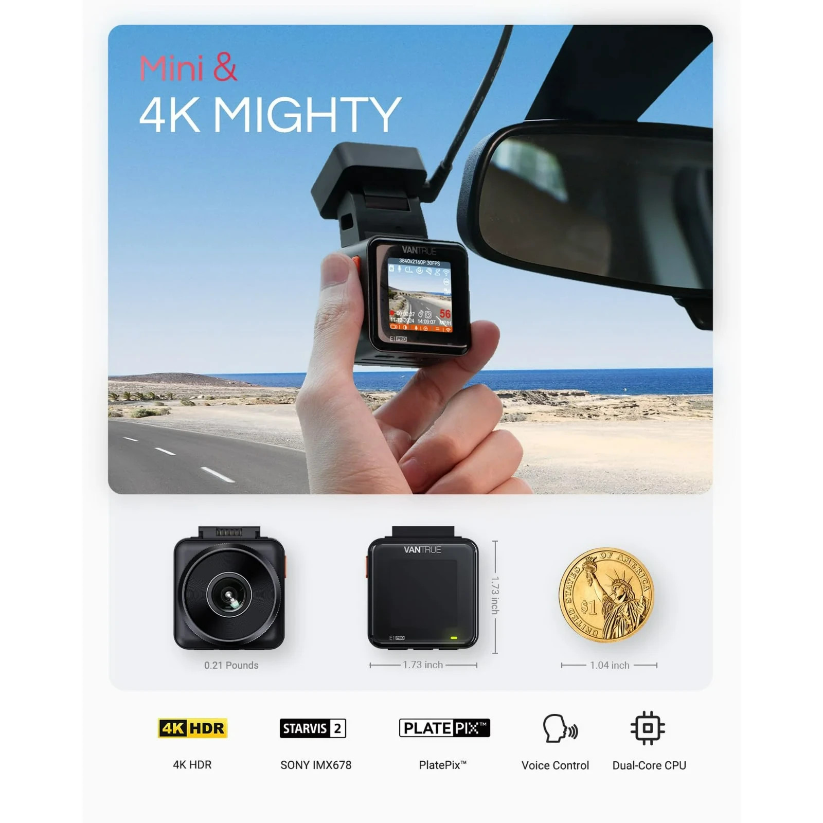 Vantrue Element1 Pro 4K Mini Dash Cam STARVIS 2 HDR Night Vision GPS WiFi