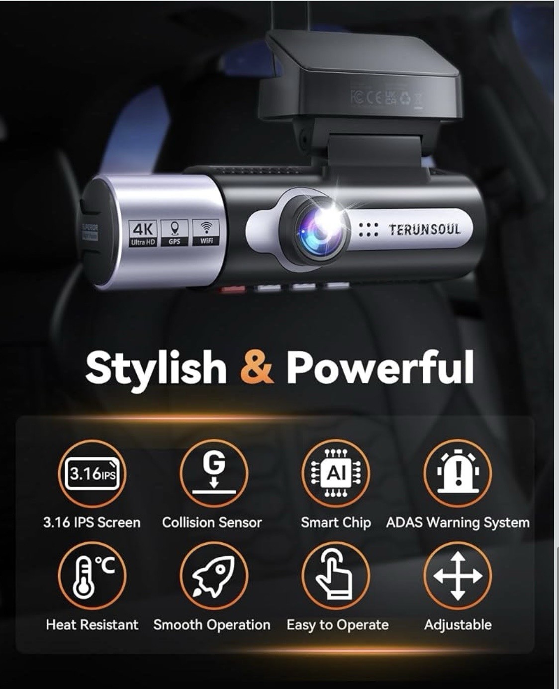 Terunsoul 4K Dash Cam Front and Rear,Full HD 3Channel Dashcam,Free 128GB MicroSD