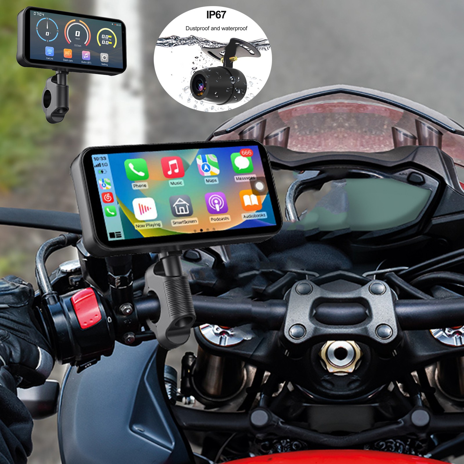 6.25″ Motorcycle GPS Navigator Wireless CarPlay Android Auto with HD Camera IP67