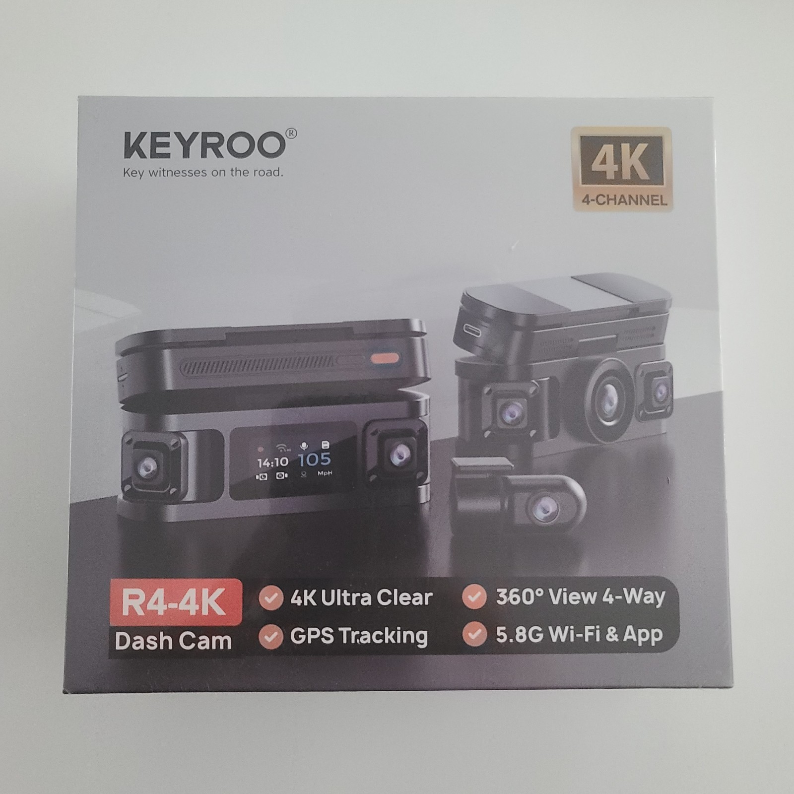 KEYROO R4-4K Dash Cam 4 Channel 360 View 4K Front Camera GPS 128GB Card Sealed