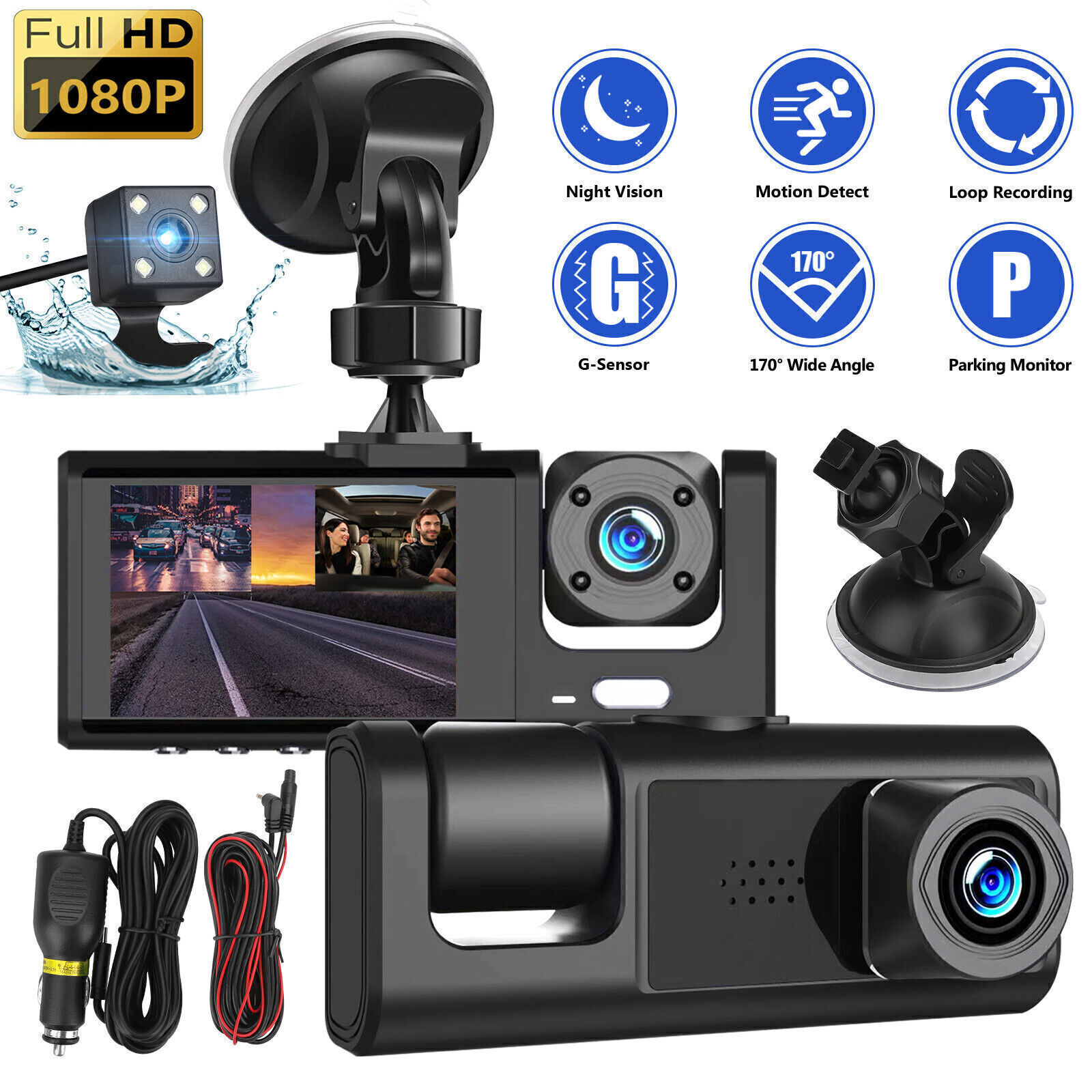 HD 1080P Car Dual Lens Dash Cam Front/Rear/Inside Video Recorder Camera G-sensor