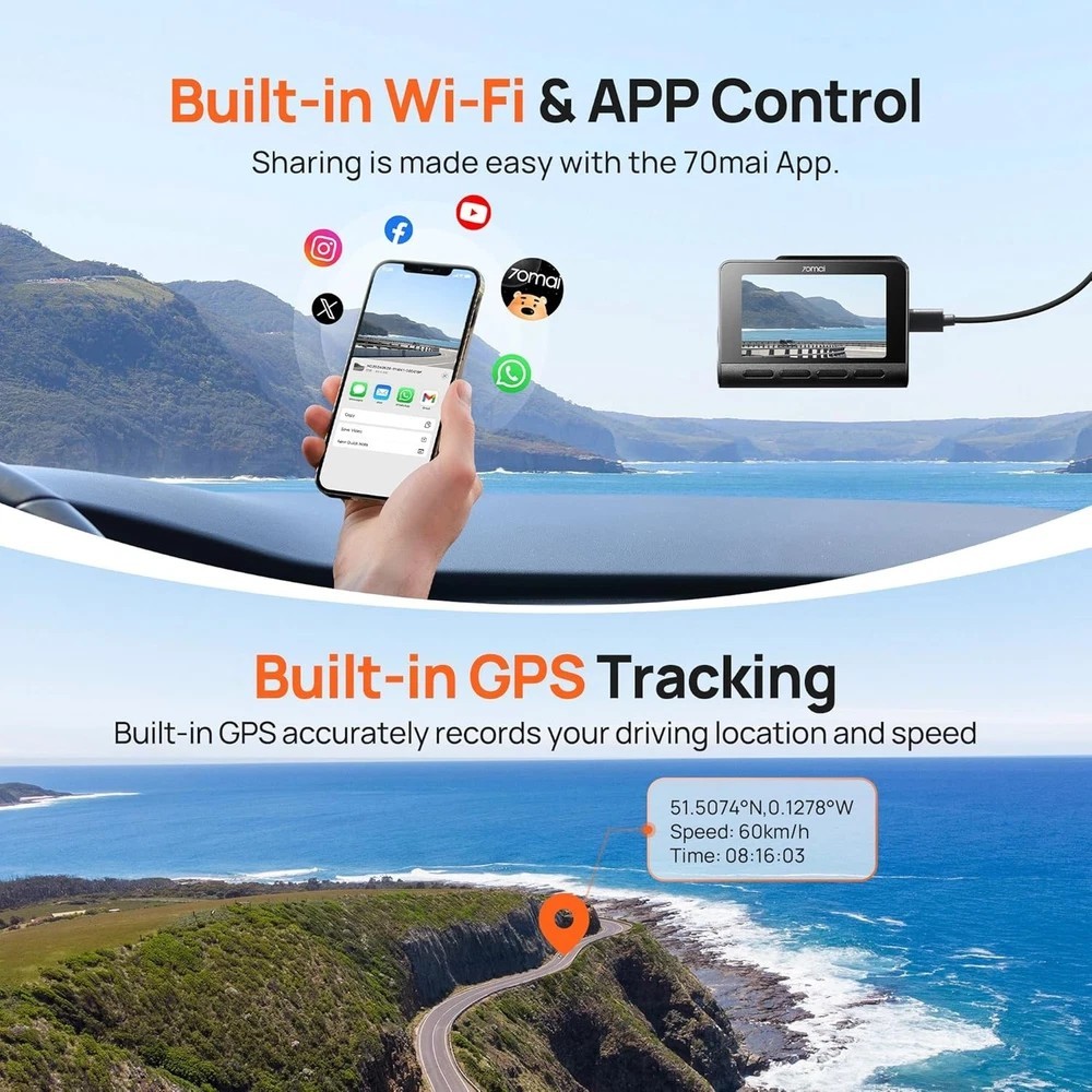 70mai 4K Dash Cam Front and Rear with STARVIS, Built in 5GHz WiFi & GPS Car Came