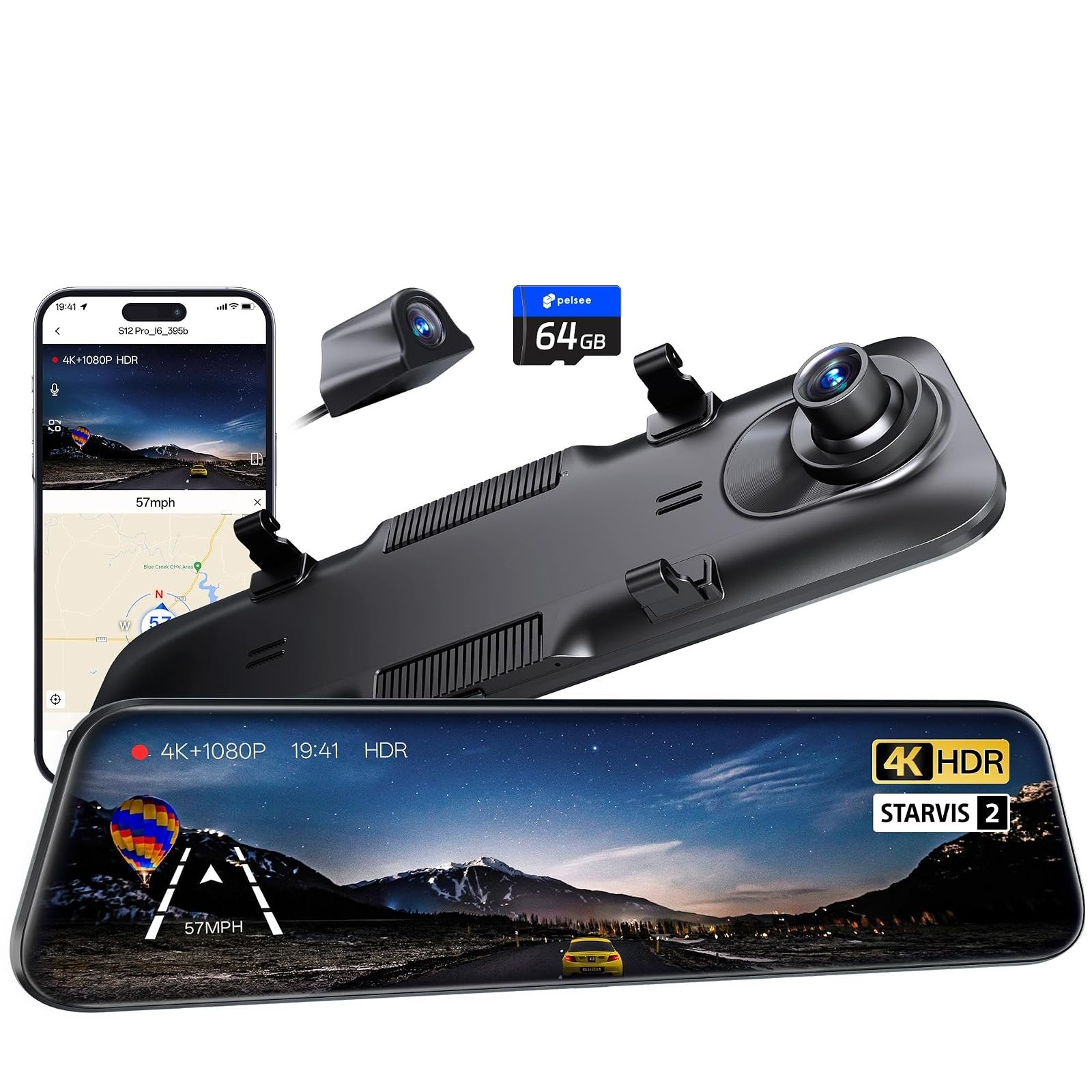 Pelsee S12 Pro Mirror Dash Cam 4K Front 1080P Rear STARVIS 2 Sensor