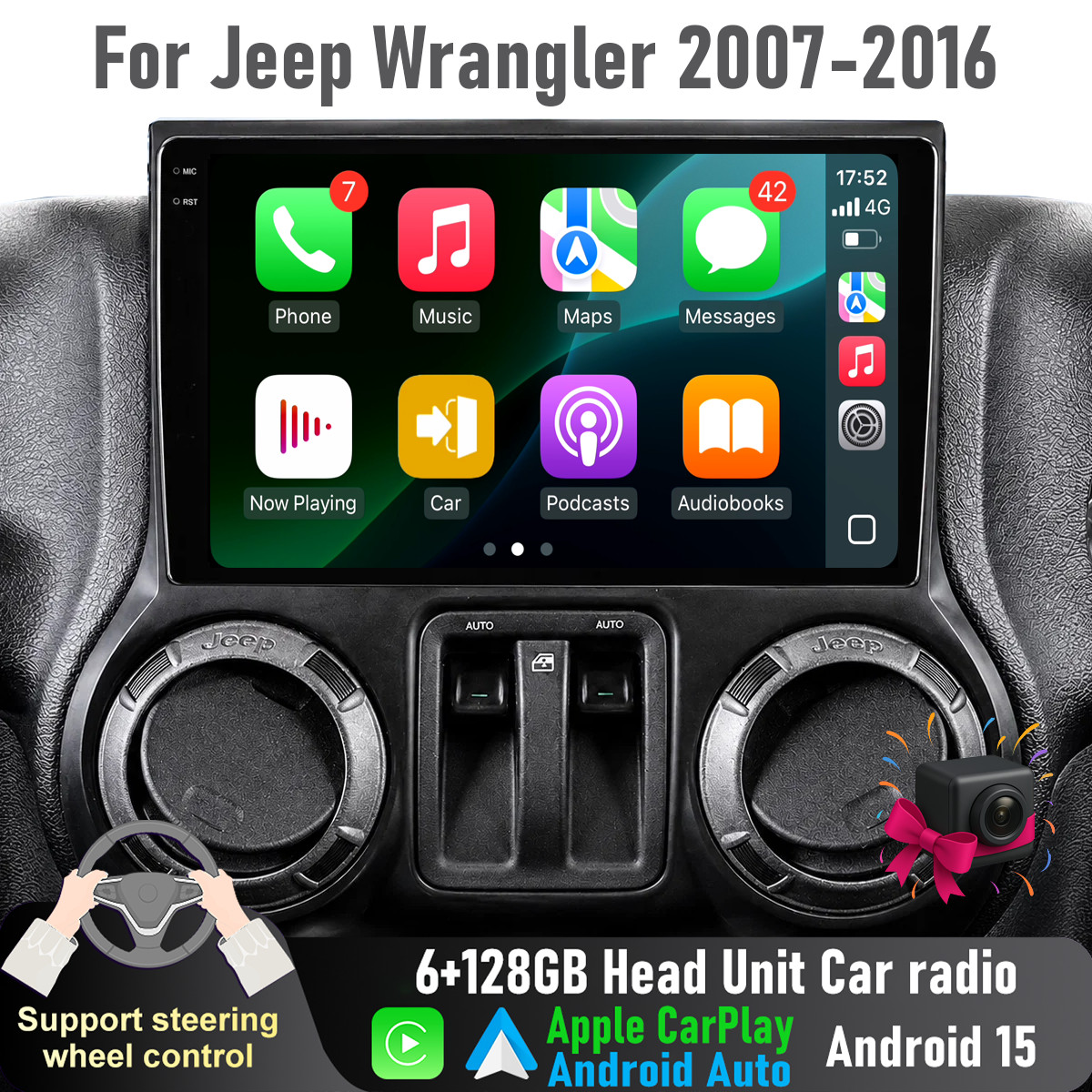 10” Wireless CarPlay Auto 6+128GB Head Unit radio For Jeep Wrangler 2007-2016