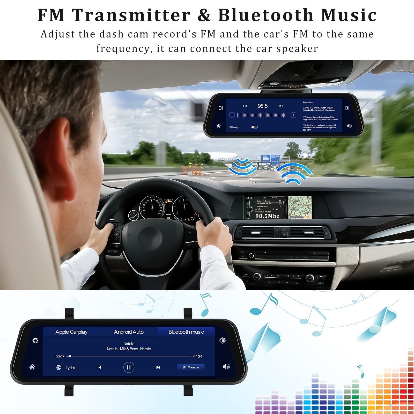 4K Front Rear View Mirror Dash Cam 10 Inch IPS Touch Screen Carplay UHD Car DVR