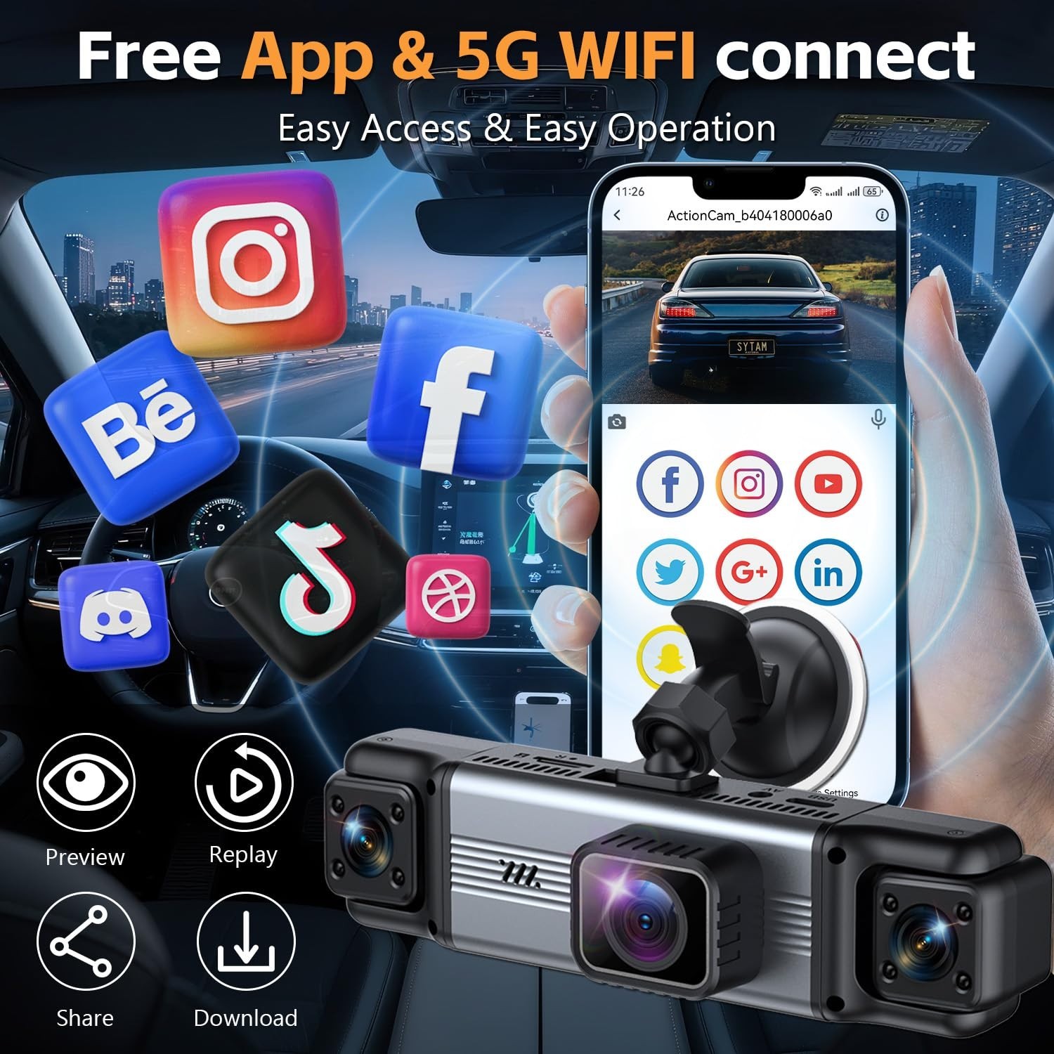 4 Channel 360° Dash Cam Front Rear Inside 4K+1080P, WiFi, Night Vision, 64GB SD