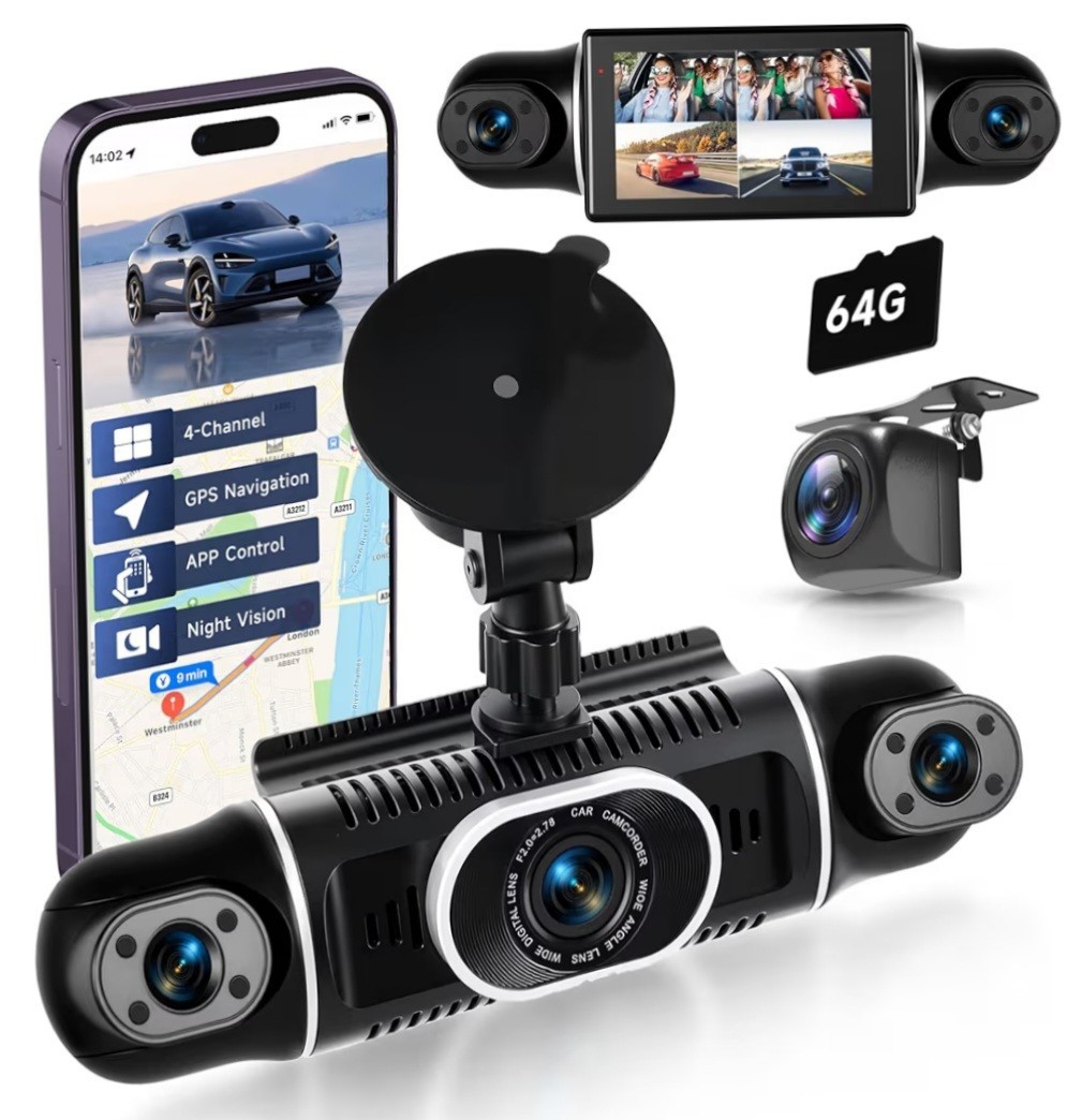 4-Channel Dash Cam w/ 3.0″ Screen, Rear Cam, 64GB Card, 1080P, Wide Angle View