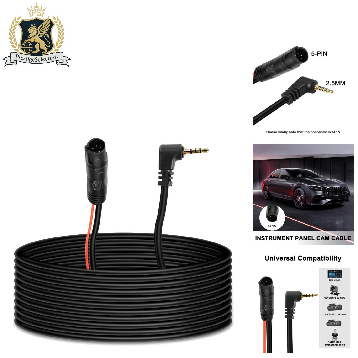 Reliable 5 Pin Dash Cam Cable – 32.8FT Male Connector for Trucks, RVs, and Buses