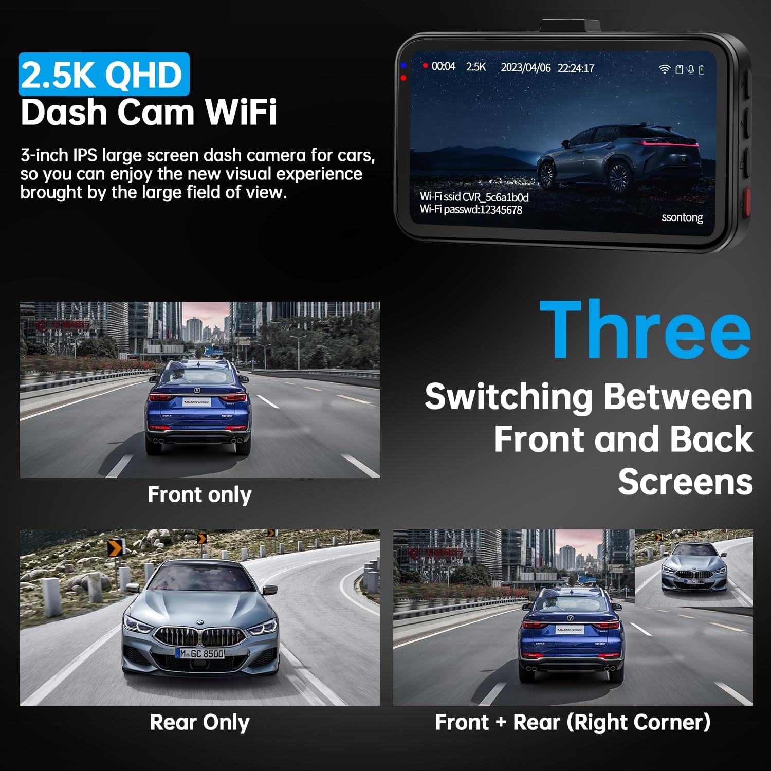 2.5K Front And 1080P Rear Dash Cam Dual Lens Car Camera With 64GB Card WiFi GPS