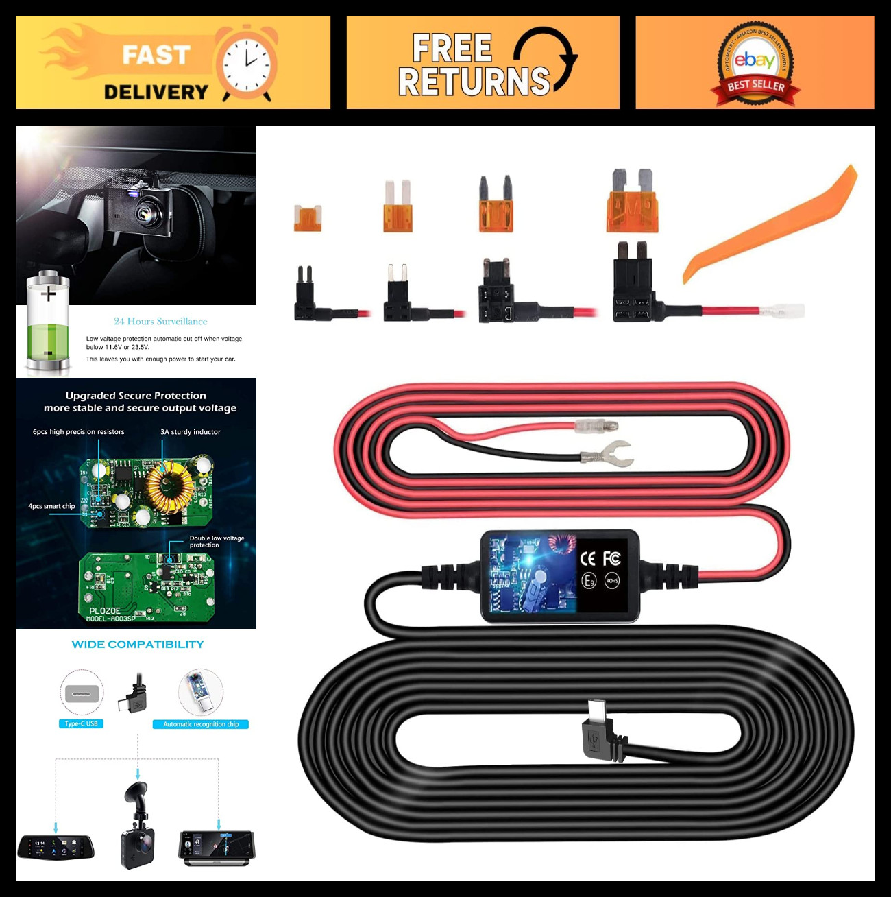 Hardwire Kit for Dash Cam, USB C 12V-24V to 5V Power Cord, Fuse Tap & Tool, 11.5
