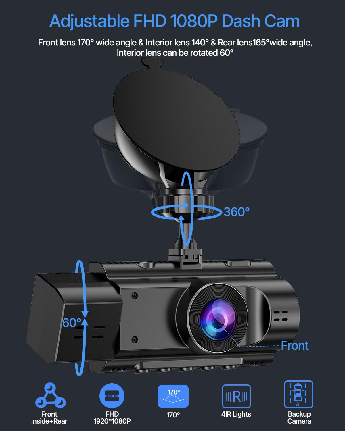 3 Channel Dash Cam Front and Rear Inside with 64GB SD Card, 1080P+720P+720P C…