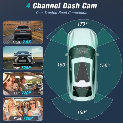 4 Channel 360° Dash Cam Front and Rear Inside with 5GHz WiFi 64GB Flat Black