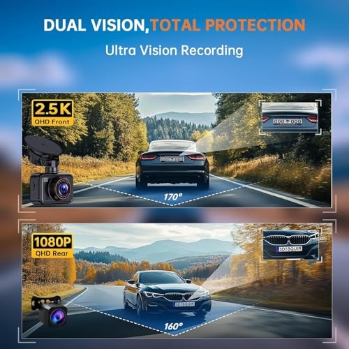 Dash Cam Front and Rear, 2.5K Dual Dash Camera for Cars, 2560P Mini Car Black