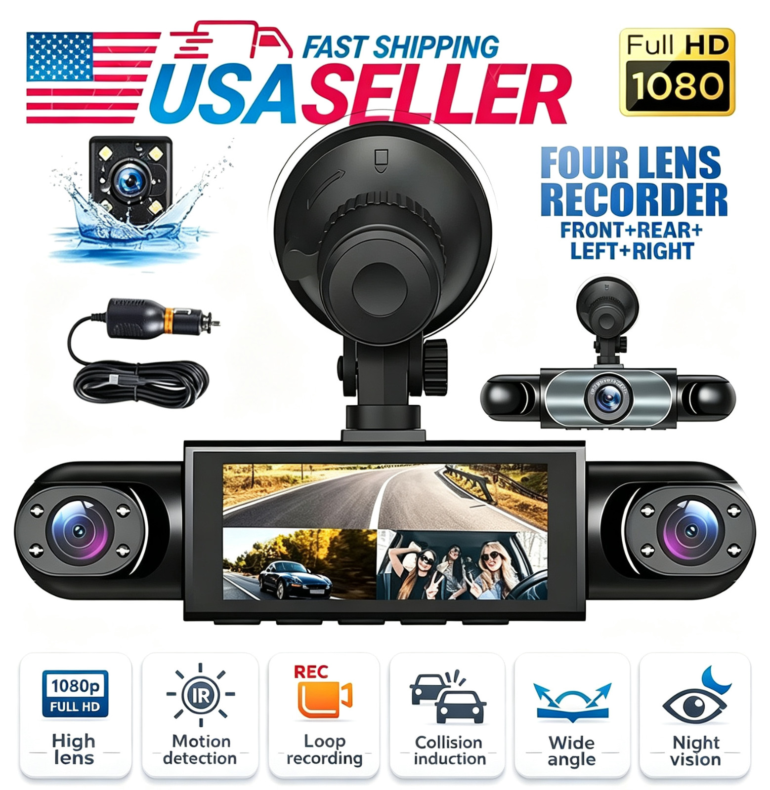 360° Surround 4CH Dash Cam FHD1080P Front Rear Side Inside DVR +128GB Card