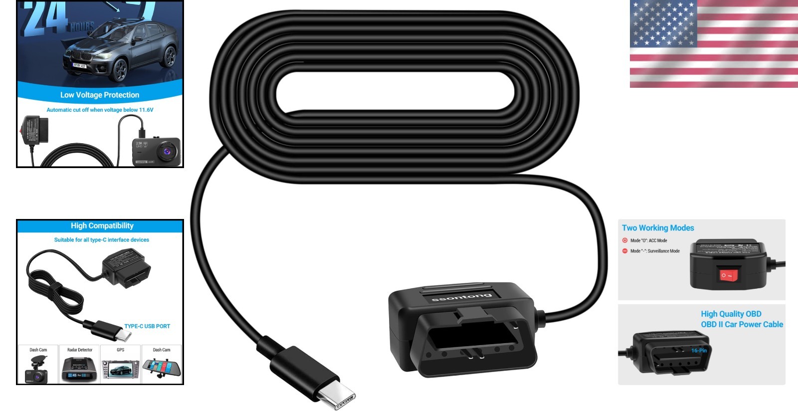 Upgraded Type-C OBD Power Cable for Dash Cameras – 24HR Surveillance Mode