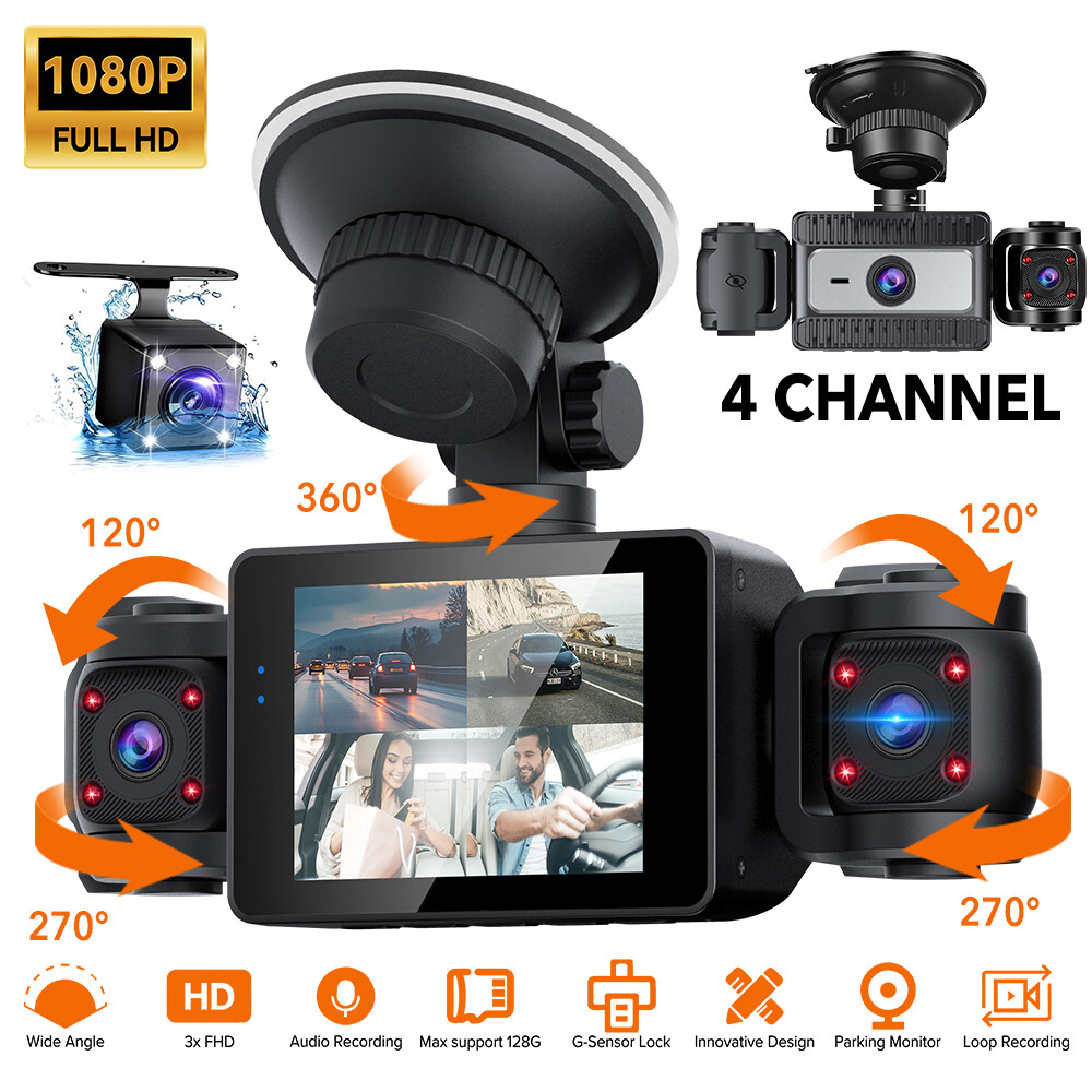 4 Channel Dash Cam 360° Dash Camera HD 1080P 4 Lens DVR Driving Recorder 32GB