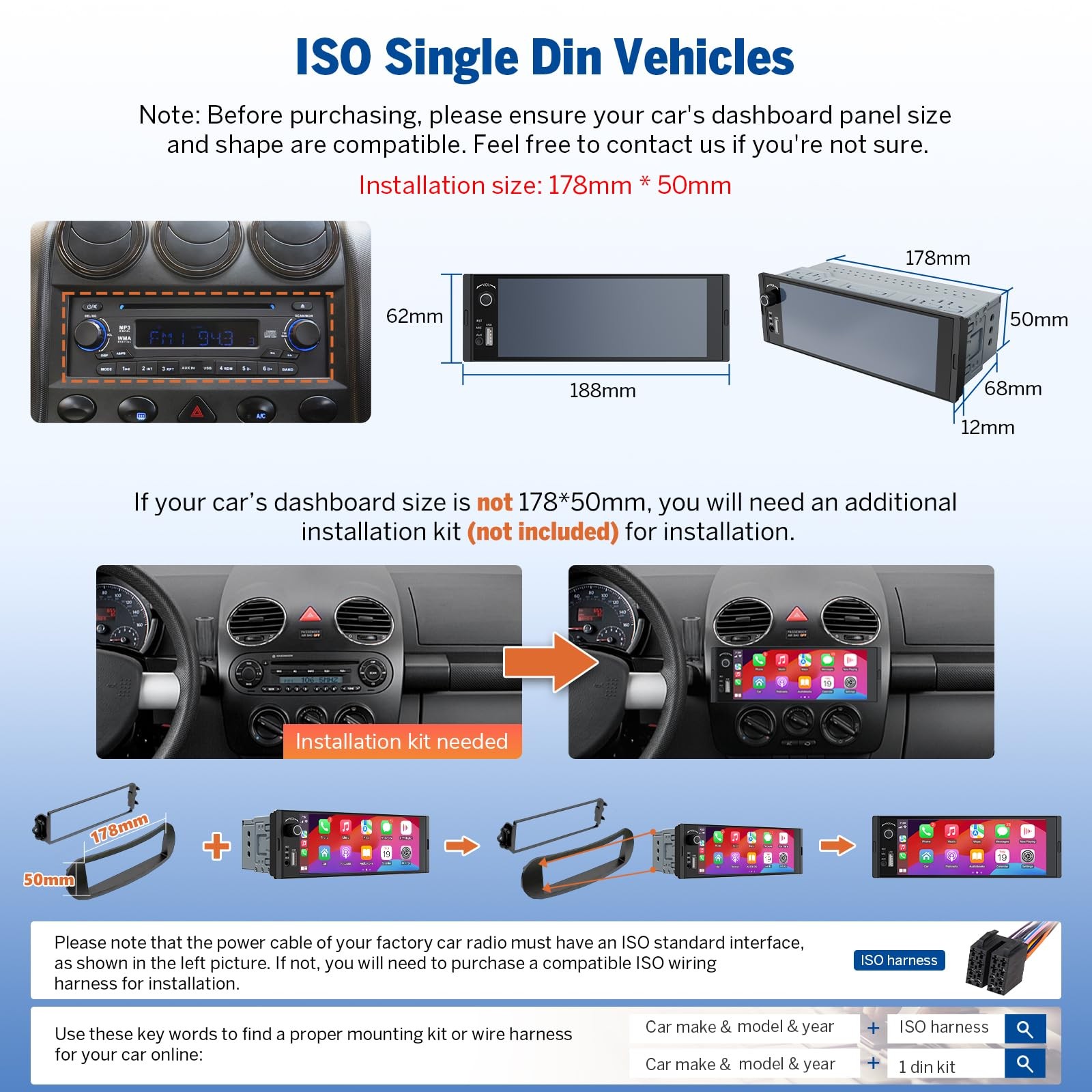 Eonon 6.36″ Single DIN Car Stereo Wireless CarPlay & Android Auto, IPS