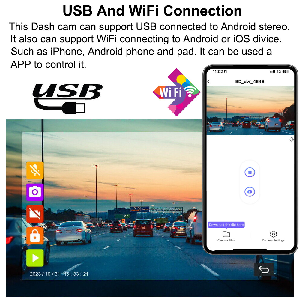 1080P Wifi USB Dash Camera Wide angle DVR 64GB for Android Car Stereo Headunit