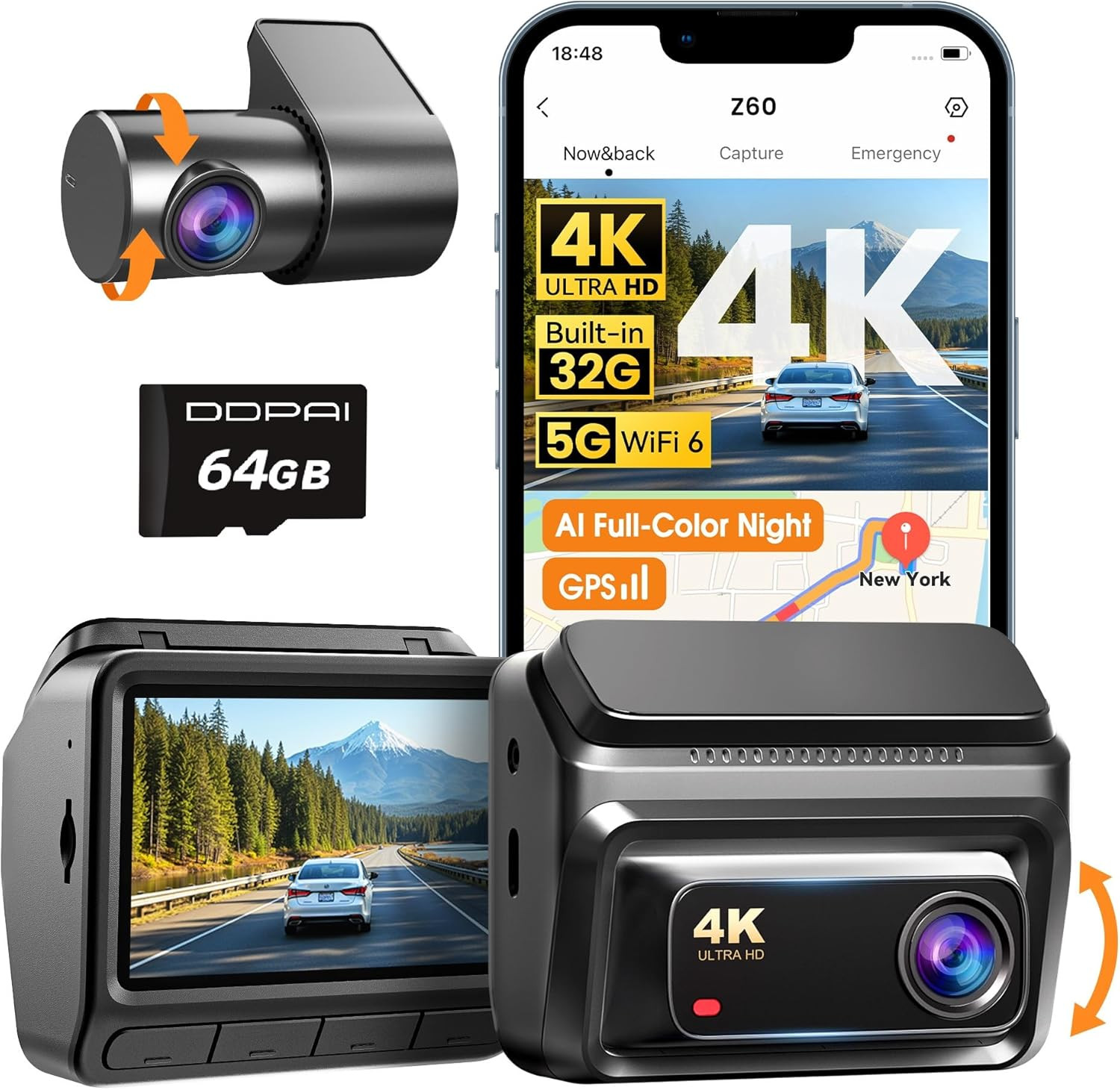 4K Dash Cam Front and Rear, Built-In 32G Emmc Dual Dash Car Camera,64Gb Card Inc
