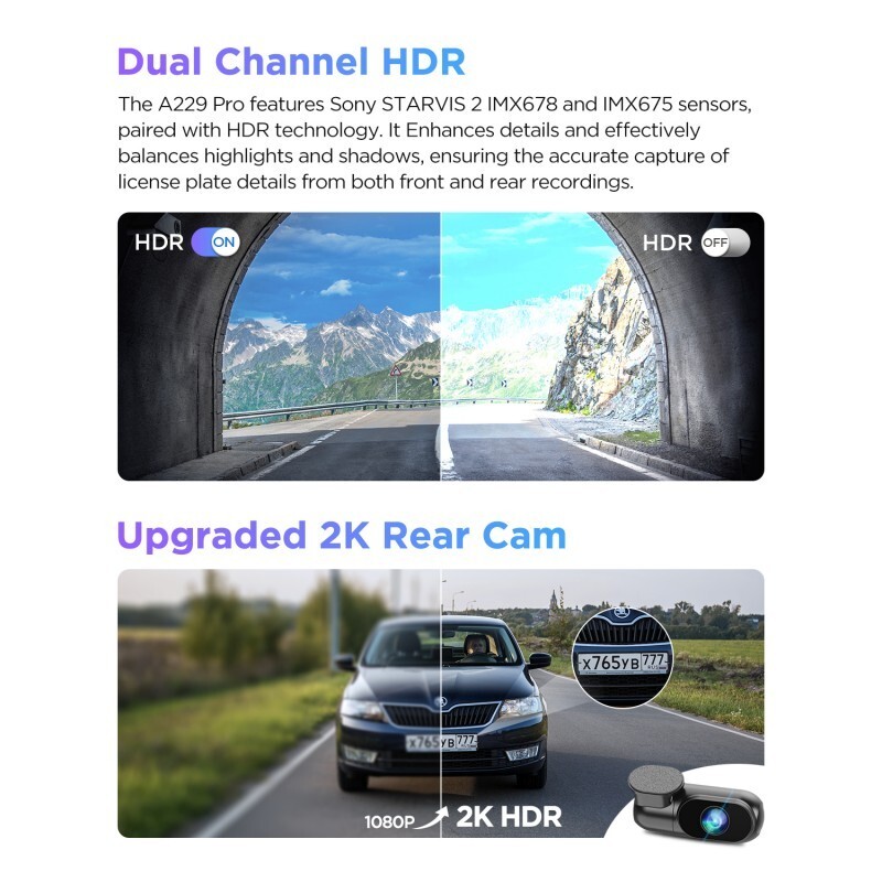 VIOFO A229 PRO 2CH Front and Rear 4K+2K HDR WiFi Dashcam with Sony STARVIS 2
