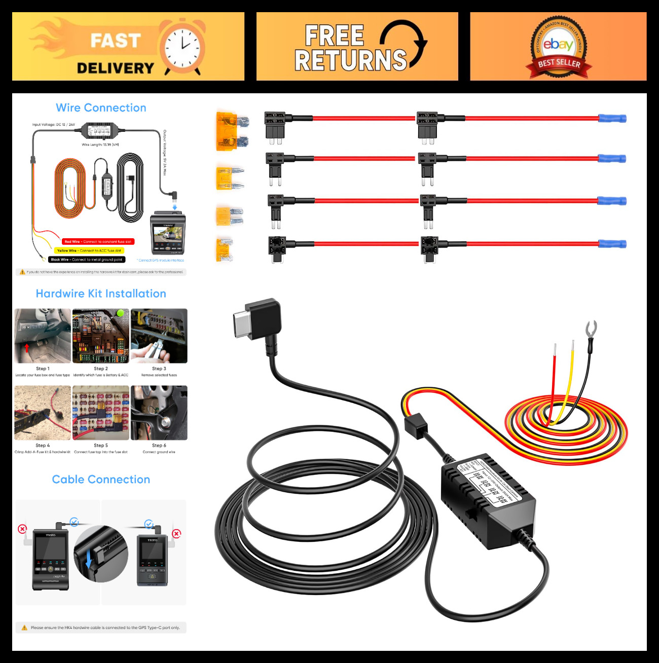 Hardwire Kit for Dash Cam – 8 Fuse Taps, Type-C Port, A329/A229/A119Mini2/A139Pr