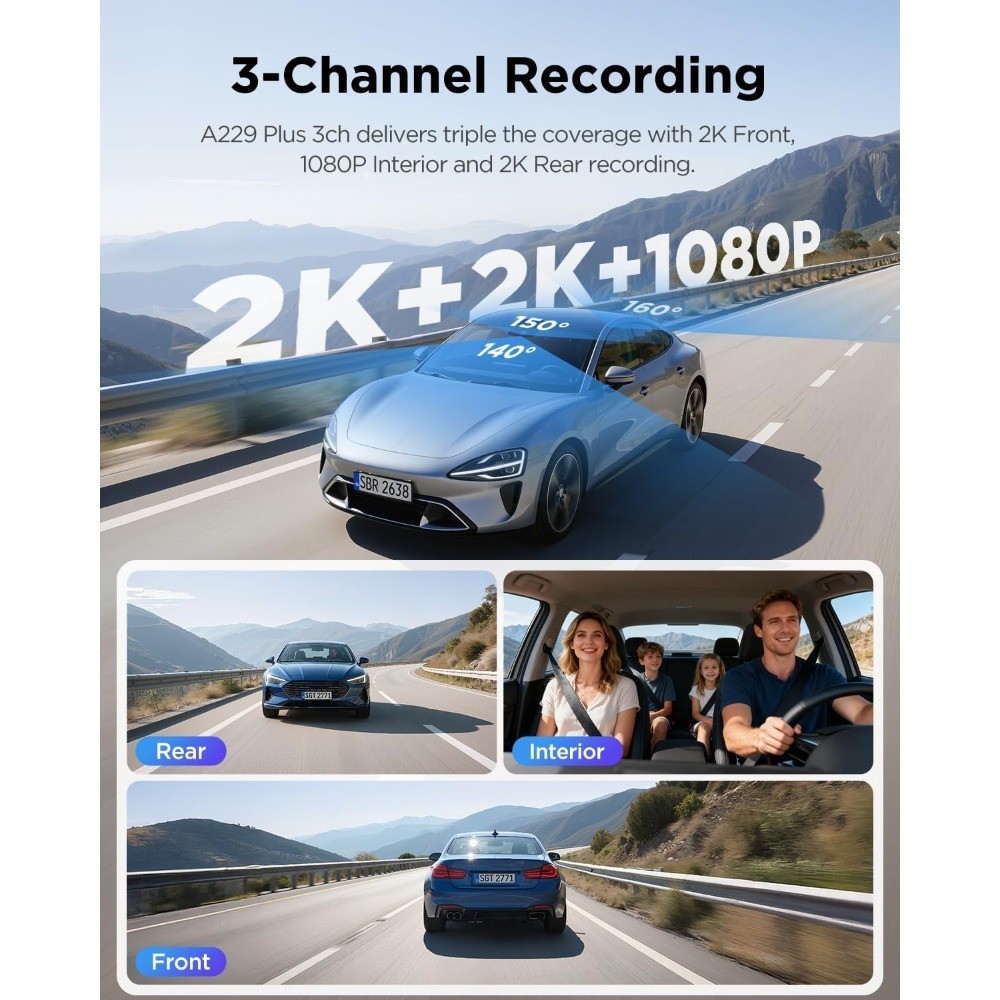A229 Plus 3 Channel Dash Cam, STARVIS 2 Sensors, 3-Channel HDR,
