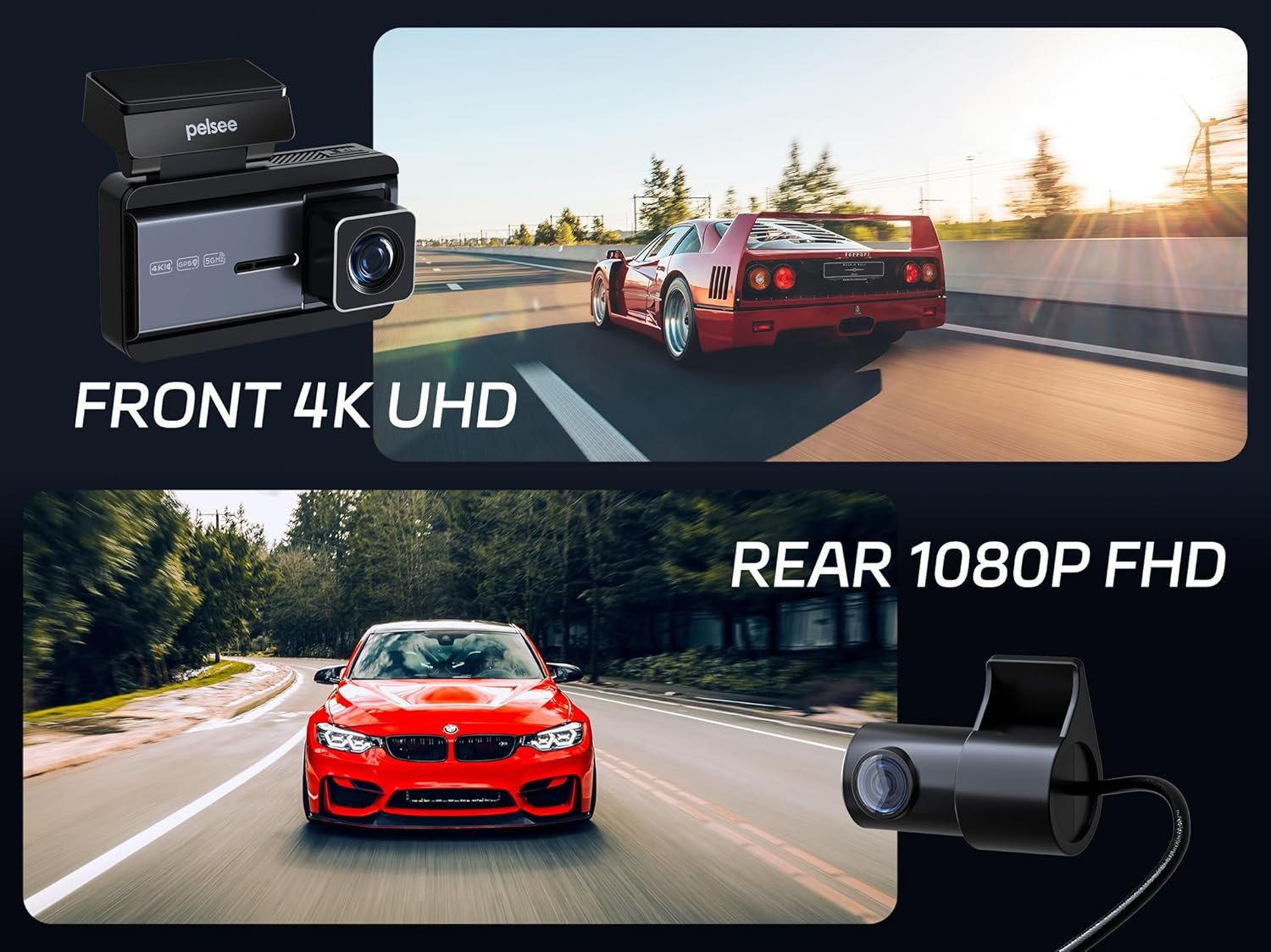 4K Dash Cam Front and Rear, 64GB SD Card, Dual Dash Camera for Cars with Wi-Fi,