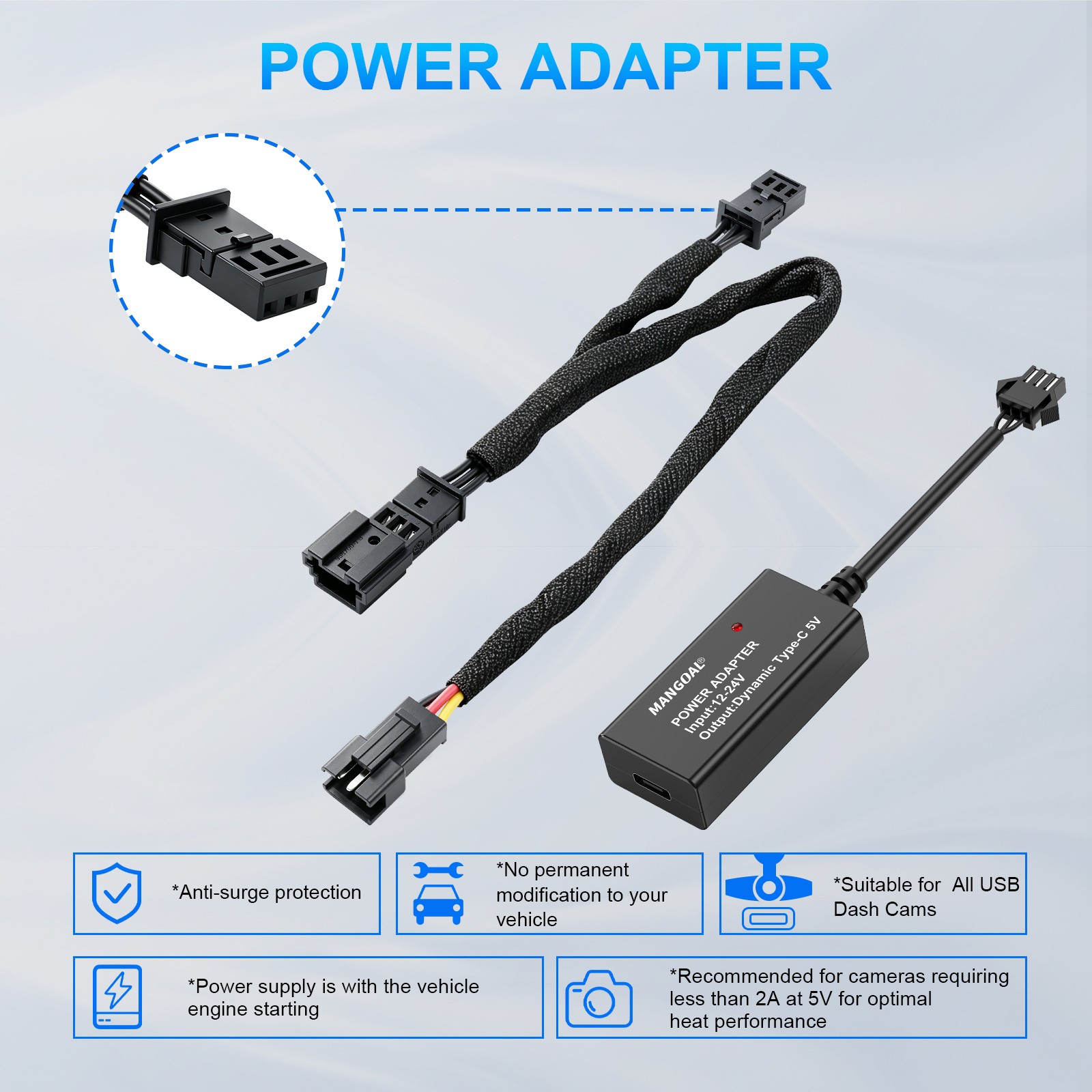 Mangoal Dash Cam Power Adapter for Land Rover with 3-Pin Purple-red Rain Sensor
