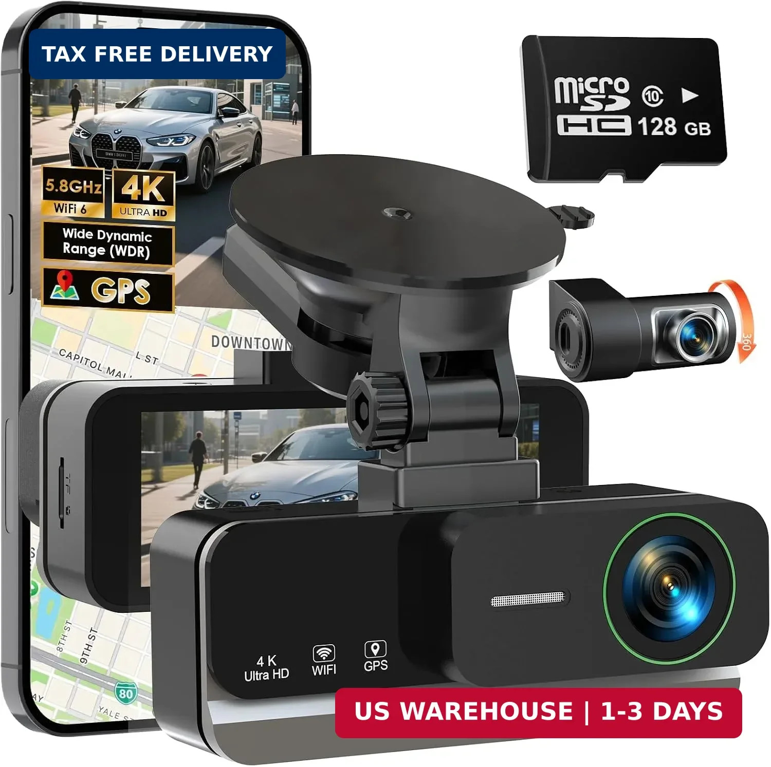 4K+4K Dash Cam Front and Rear, Free 128GB Card Included, 5.8GHz WiFi-20MB/s Fast