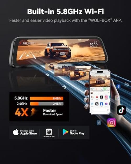 G840S 12″ 4K Mirror Dash Cam Backup Camera – 5.8GHz WiFi Smart Rearview Mirror