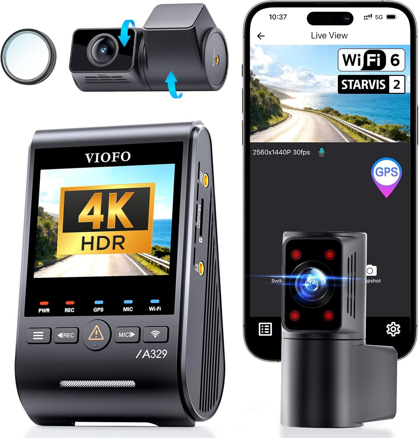 A329S 4K 3 Channel Dash Cam, 4K Front + 2K Cabin Fisheye (210°) + 2K Rear, Power