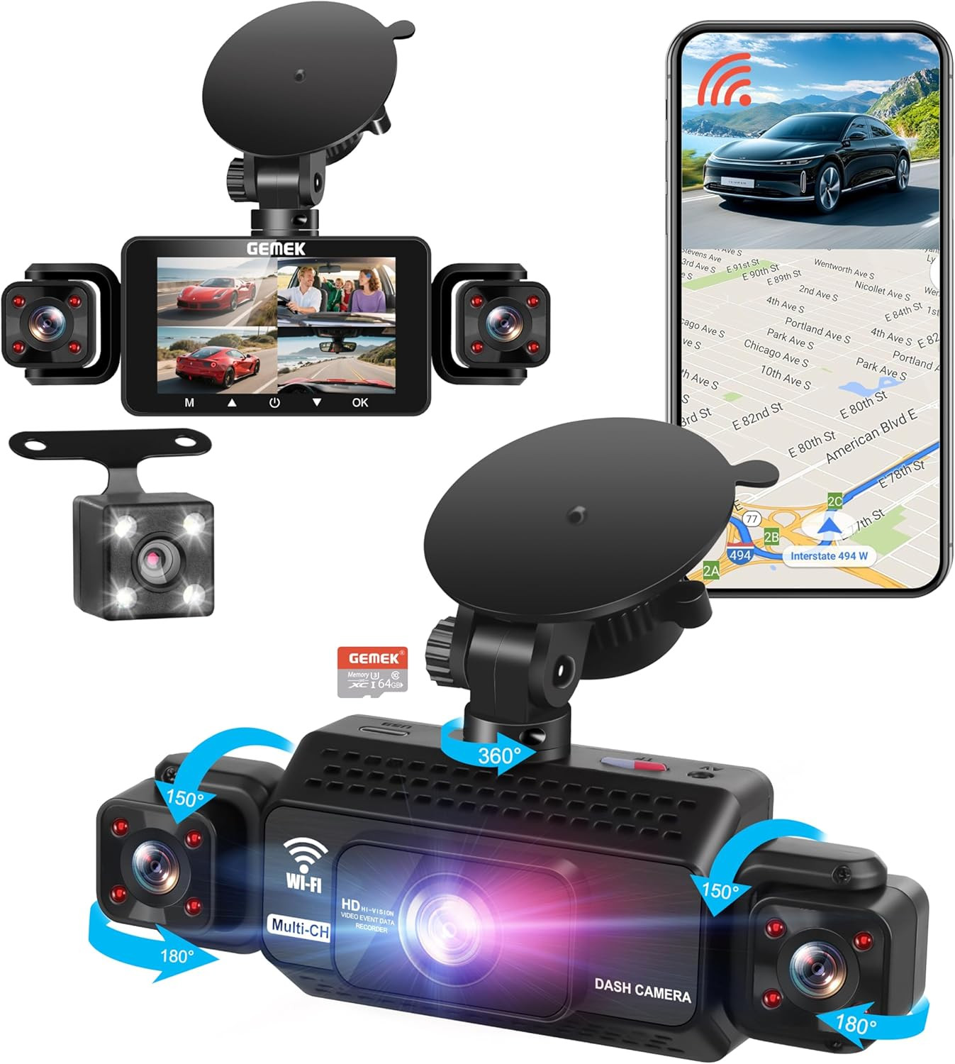 4 Channel Dash Cam 360° View 5G Wifi & APP Control, 2K Front and Rear Inside, L