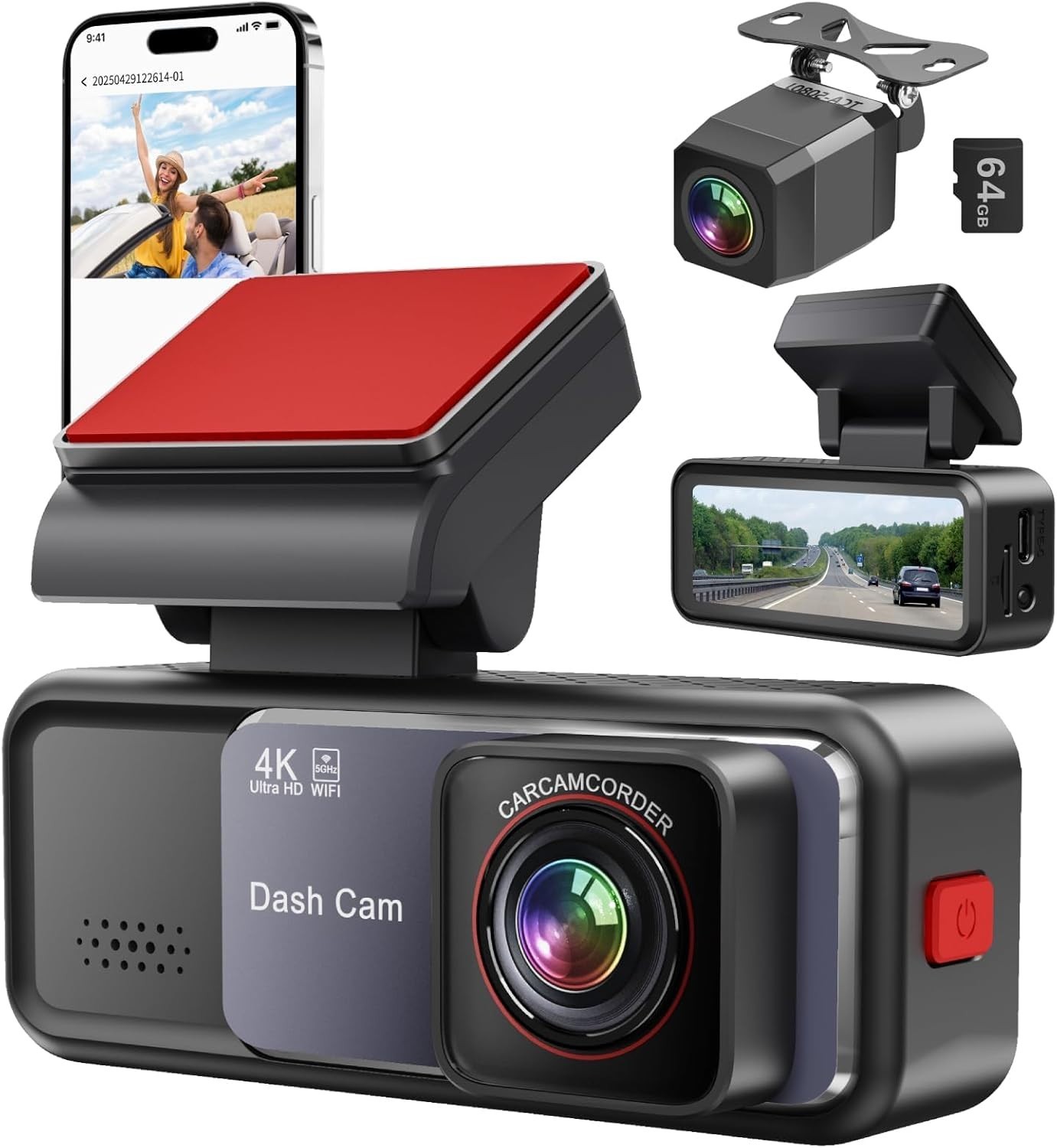 Front and Rear Dash Camera with Built-in WiFi, Night Vision & 64GB Card Included