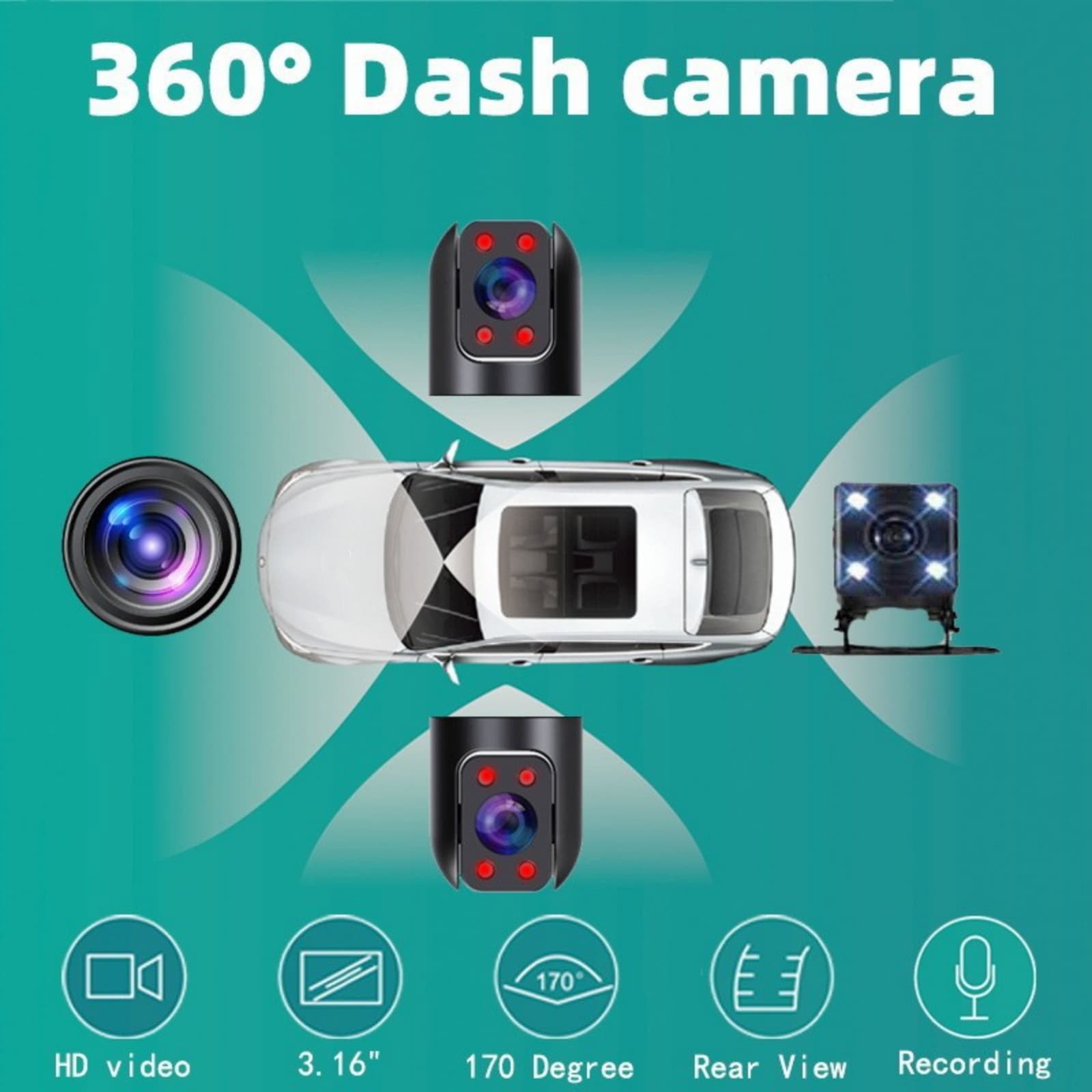 1080P 4 Lens Dash Cam Front Rear Left Right Cabin DVR 64GB Card 170 View Wifi