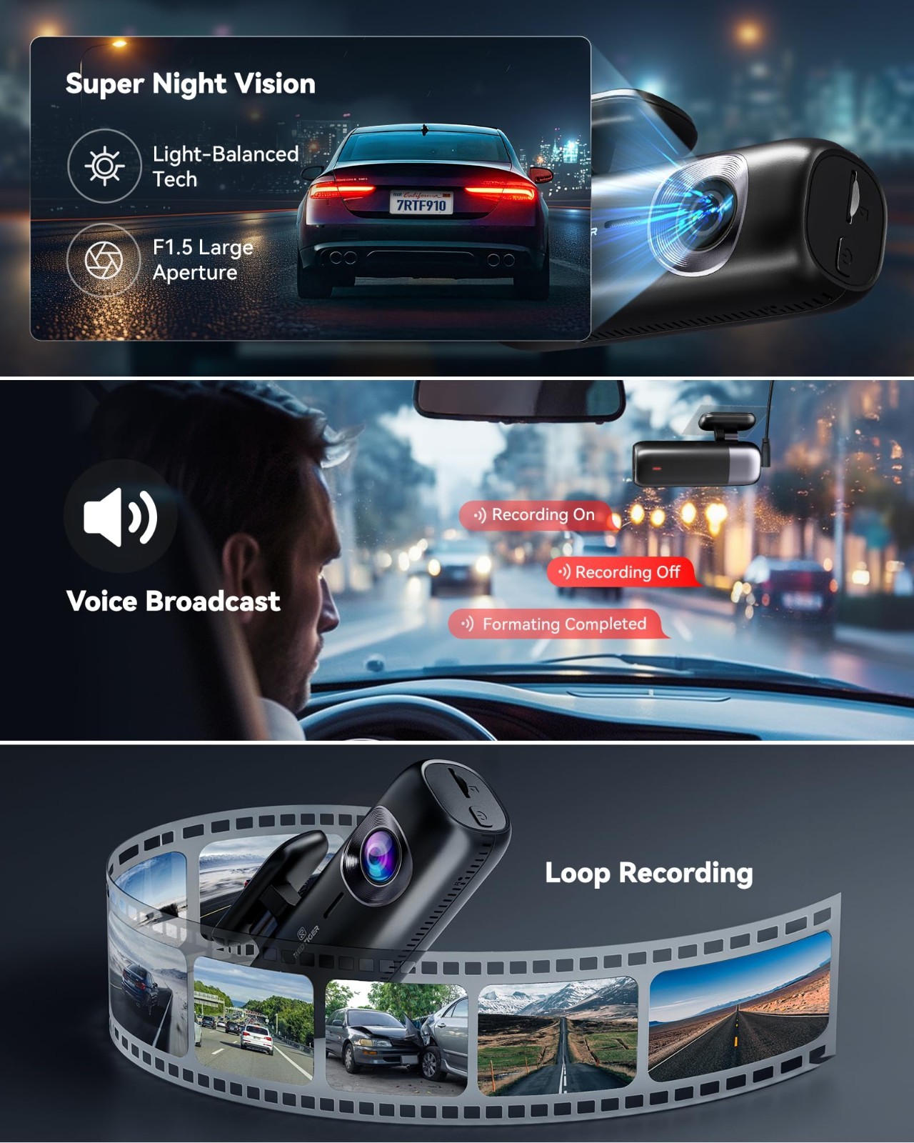 4K Dash Cam Front & Rear, 1080P, WiFi, Smart App, Night Vision, Loop Recording