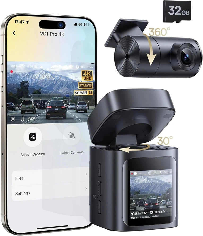 VD1 Pro Solar Dash Cam Front and Rear, 4K+1080P Dash Camera for Cars, Battery Po