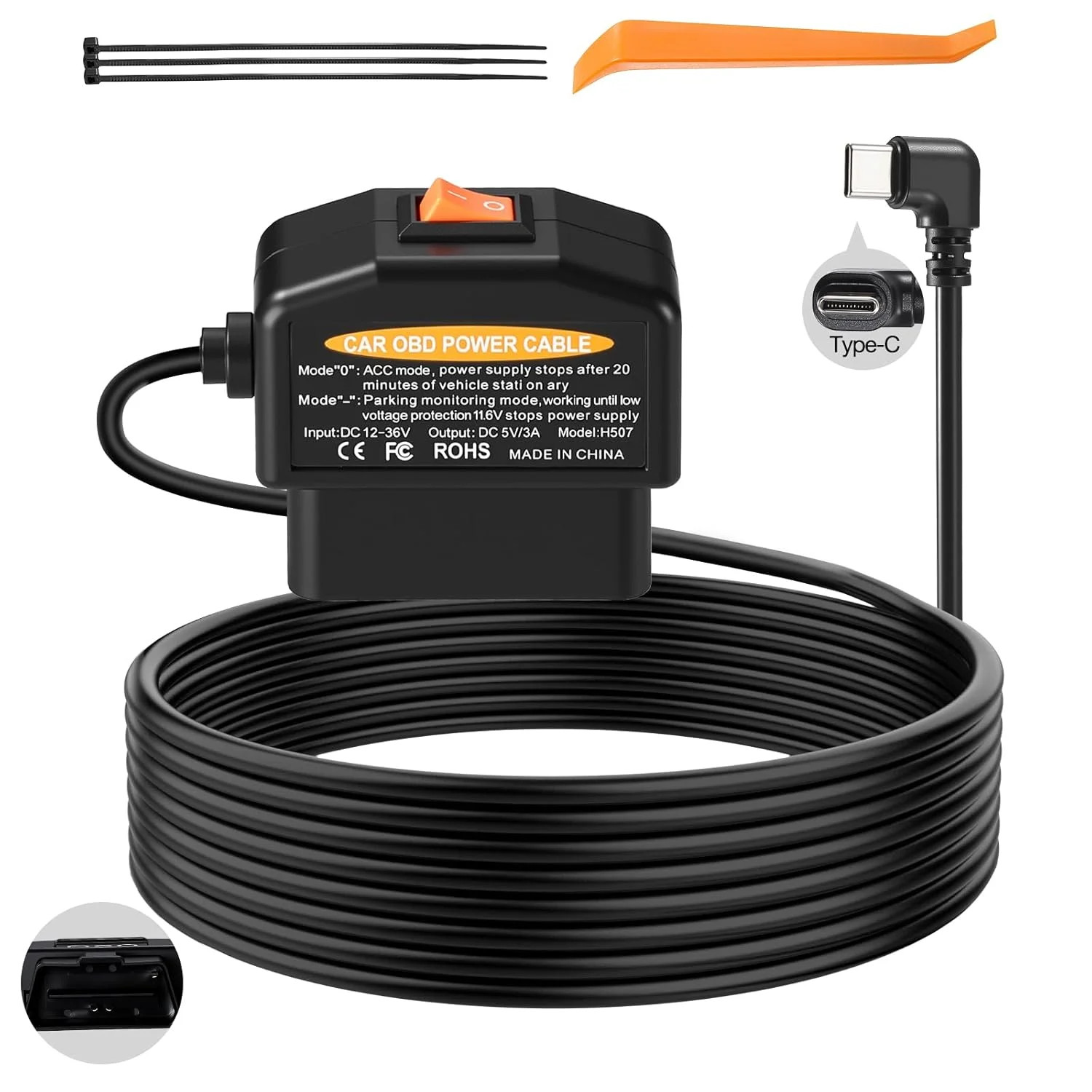 OBD2 to USB C Power Cable for Dash Cam,OBD Adapter Hardwire Kit Tpye-c with Low