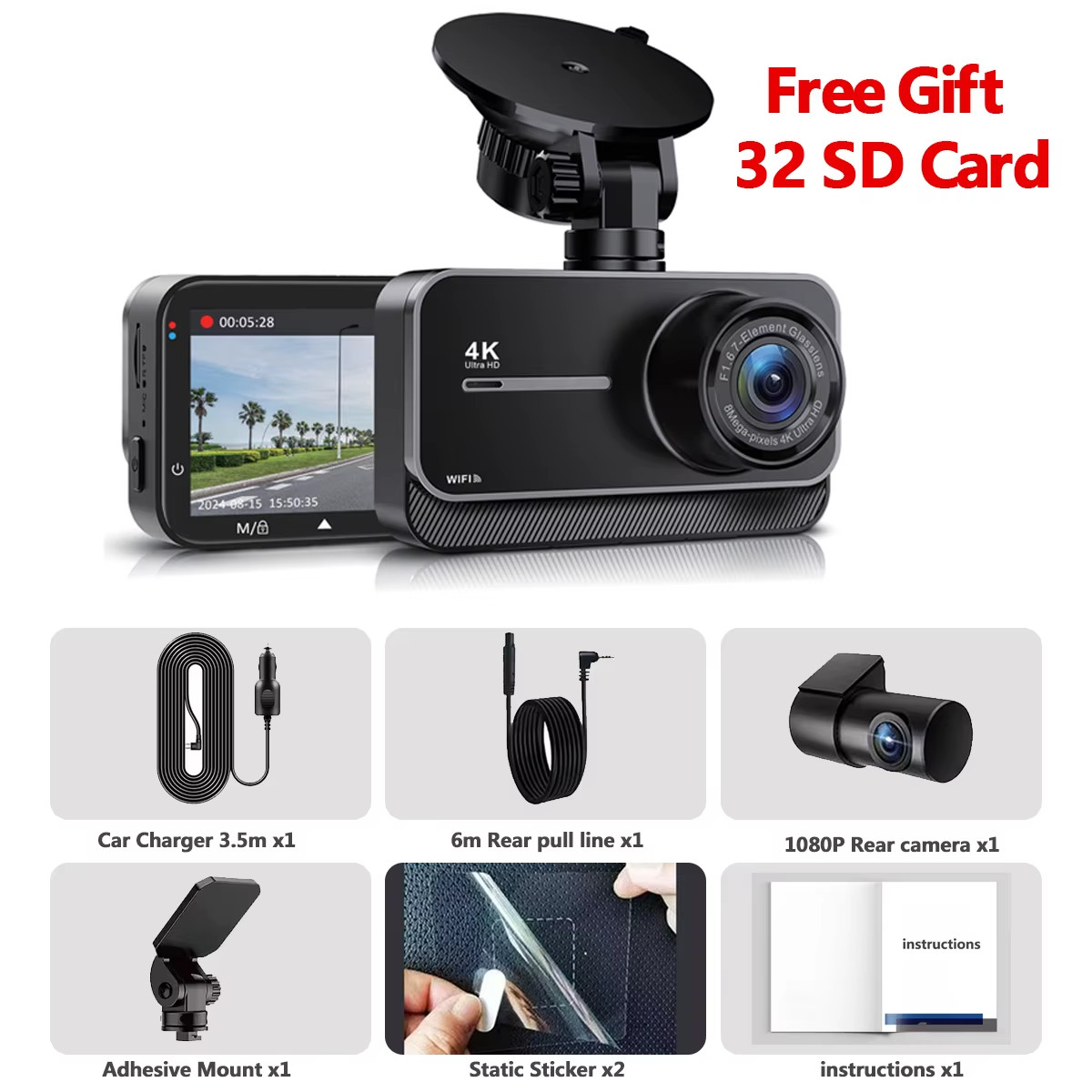 Dashcam 4K Wifi Car Recording Camera DVR Video Recorder Black Box Front and Rear