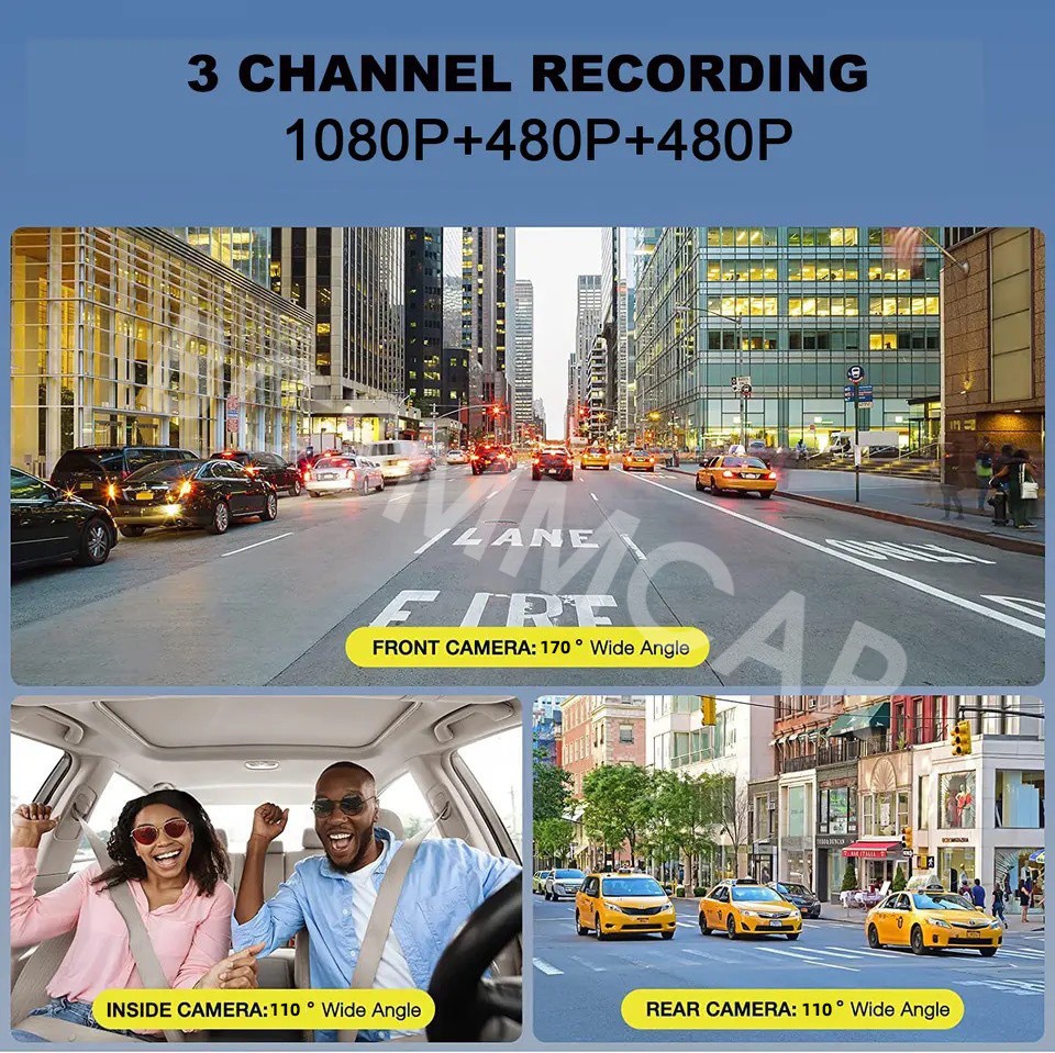 3-lens Car Dash Cam Video DVR Cycle Recording Phone APP Connection Night Vision