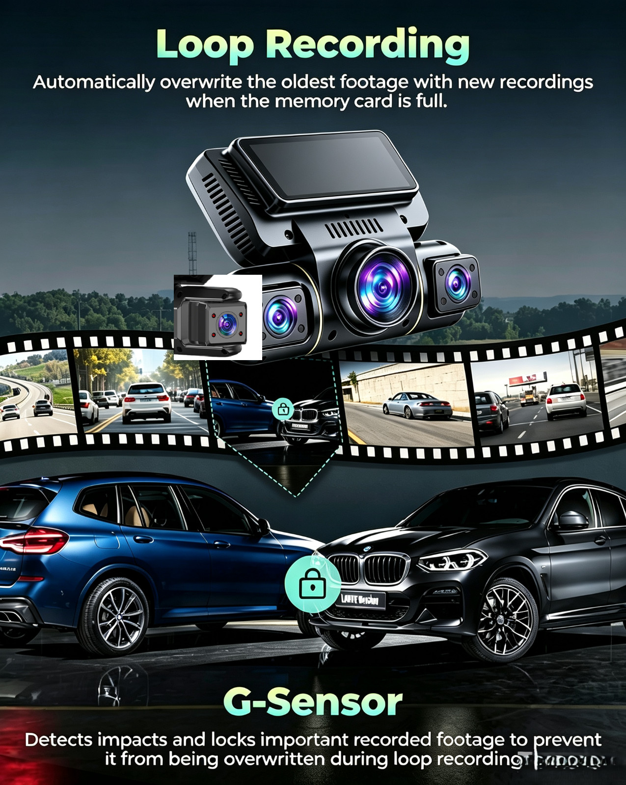 4CH 360° Dash Cam Front Rear Inside, FHD 1080P Car Recorder with 32GB Card
