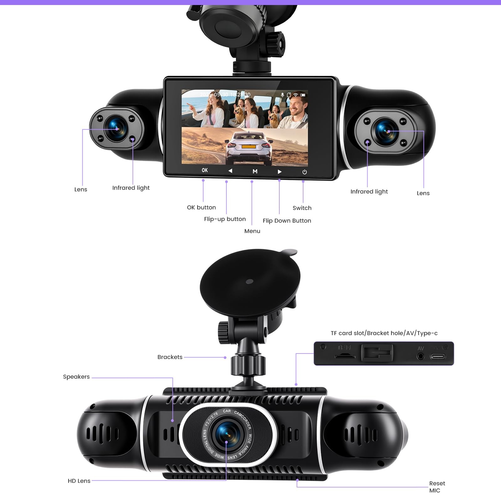 2K Dash Cam 360° View 4 Channel Front and Rear Dash Camera for Cars, 3x1080P,…